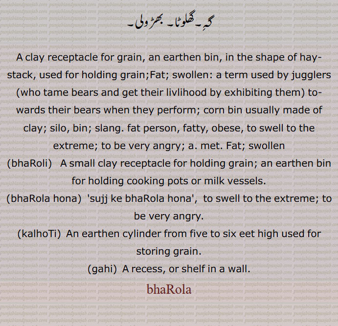  بھڑولا,بھڑولا, بھڑولھا, بھرولا, پٹروٹا, موٹا۔ بے ڈول آدمی, سوجا ہوا, بھڑگھیلا,بھڑولا ہونا,بھڑولا ہو جانا,موٹا ہونا, سوج جانا,بھڑولے پانا,  چھپا لینا,بھڑولی,بھڑولی کرنا,بھڑولا,  پٹھی اور لروں میں دیا ہوا فانہ,کلھی,بھڑولہ,کولہی۔کولھی۔ کوہلی,کلہوٹی,گھلوٹا,گہ,گہی,A clay receptacle for grain, an earthen bin,bhaRoli,  ਭਡ਼ੋਲੀ ,bhaRola hona,kalhoTi,  ਕਲਹੋਟੀ,gahi,  ਗਹਿ ,بھڑولا  ,bhaRola, ਭੜੋਲਾ,ਭੜੋਲੀ, ਭੜੋਲਾ