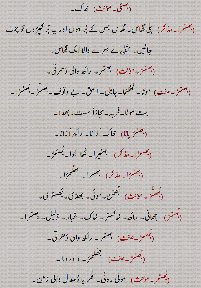    بھسر,بھسر بھسر کھانا,  بھکر بھکر کھانا, ہابڑے ہوئے , ہڑپ کر جانا,بھسر بھنانا,بھسر زمین,بھل ریت والی زمین, میرا زمین,بھسرا,بھسا,بھسی,بھسرا, بلی گھاس,بھسڑ,موٹا, احمق,بھسڑ پانا,خاک اڑانا,بھسڑا,بھسر,ا, گھٹیا قسم کا گیہوں,Eating greedily,bhasar bhasar khaana,bhassar,Dusty,hassra,   ਭੱਸਰਾ,A kind of grass,bhassi,   ਭੱਸੀ, Dust,بھسر ,bhasar, ਭਸਰ,