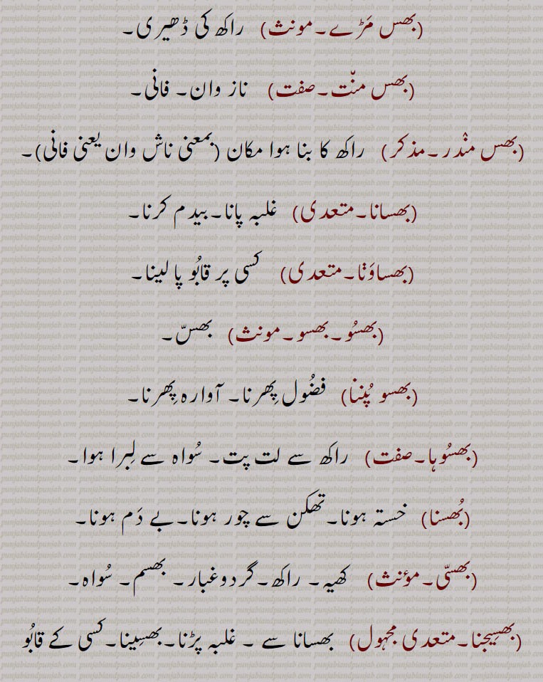    بھس,  بھس پانا,بھس بھسڑ,بھسڑ,بھس خرابا,بھس خراب کرنا,بھس ڈکار,بھس متی,بھس مڑے,بھس منت,بھس مندر,بھسانا,بھساونا,بھسو,بھسو,بھسو پننا,بھسوہا,بھسنا,بھسی,بھسیجنا,بھسینا, bhass ,ਭਸੱ ,bhass Dakaar,bhass kharaabba,bhassar, ਭਸੱਰ, bhassi,   ਭੱਸੀ,bhassra,   ਭੱਸਰਾ, 