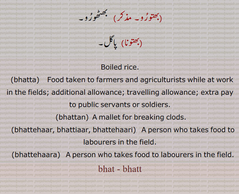  bhatt,ਭਤੱ, boiled rice,bhatta, ਭਤਾੱ, bhattan, ਭਤੱਨ, bhattehaar, bhattiaar, bhattehaari, ਭਤੇੱਹਾਰੀ, ਭਤੇਹਾੱਰ, ਭਤਿੱਆਰ, ਭਤਿੱਆਰਾ, bhattehaara, ਭਤੇੱਹਾਰਾ,بھت , بھت, بھتیں,بھت پِچھوں کیوں مچھاں مناونا,بھت کھانا,بھت گھاٹا / گاڑھا تھیونا,بھتا,بھکت۔,بھات, ابلے ہوئے چاول,بھتا ڈھونا, بھتے ویلا,بھتے ہار, بھتِہار,بھتِیار, بھتے ہارا,بھتہارا,بھتے ہاری, بھتے ہارے,بھتار,بھتاری,بھتان, بھتاوَنا,بھتڑا,بھتن, بھتی,بھتھا,بھتھا بردار,بھتورو, بھٹھورو,بھتونا, , 
