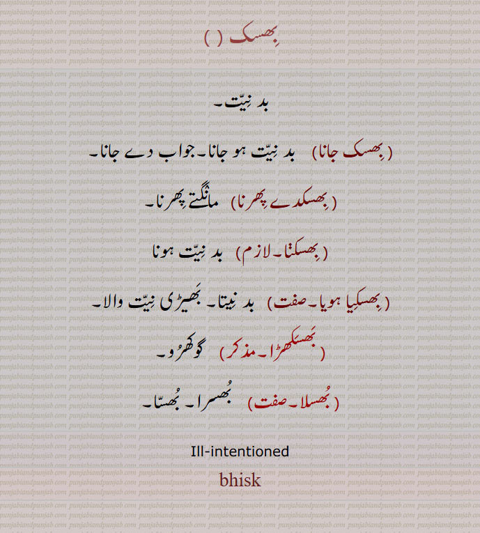    بھسک,بد نیت, بھسک جانا, بھسکدے پھرنا, بھسکنا, بھسکیا ہویا, بھسکھڑا, بھسلا,Ill-intentioned,بھسک,bhisk, ਭਿਸਕ,