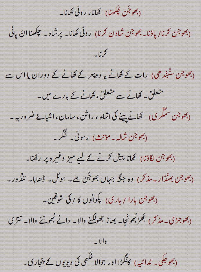  بھوج, بھنا ہوا غلہ, لڑکے کے پیدا ہونے پر جو بھوجن کرایا جائے پتروں کی ترپتی کے لیے, جگ, بھوجن, کھانا,ان, خوراک, رسد, روٹی, پرشاد, کھانا, بھوج پریتی, بھوج براہم, بھوجا, بھوج کرنا, بھوجن کھلانا, بھوج پربندھ, بھوجن, بھوجن پروسنا, بھوجن چکھنا, بھوجن کرنا/ پاؤنا,بھوجن شادن کرنا, بھوجن سنبندھی, بھوجن سمگری, بھوجن شالہ, بھوجن لگاؤنا, بھوجن بھنڈار,بھوجن ہارا / ہاری, بھوجڑی, بھوجکی, Feast, banquet,  bhoj pabaNd/parbaNd, bhoj preeti, bhoj brahm, bhoJan, bhojan karna/ pauna or bhojan shaadan karna, bhojan saNbaNdh, bhojan prosana, bhojan lagauna, bhojan smaggari, bhojan haara / haari, bhojki, bhoj, ਭੋਜ ਪ੍ਰੀਤੀ,   ਭੋਜ ਬ੍ਰਹਮ, ਭੋਜਨ, ਭੋਜਨ ਕਰਨਾ, ਭੋਜਨ ਕਰਨਾ, ਭੋਜਨ ਪਾਉਣਾ, ਭੋਜਨ ਸਬੰਧੀ, ਭੋਜਨ ਸੰਬੰਧੀ, ਭੋਜਨ ਪਰੋਸਣਾ,  ਭੋਜਨ ਲਗਾਉਣਾ,  ਭੋਜਨ ਸਮੱਗਰੀ, ਭੋਜਕੀ,ਭੋਜ,