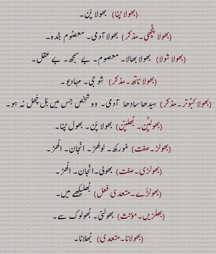  بھول,bhol,ਭੋਲ,بھول,لوبھ , لالچ ,ترغیب ,بھول بھننا ,بھول پنا ,بھول دینا ,بھول لینا ,بھولا ,خطا ,غلطی , شک , بھولا بادشاہ ,بھولا بگلا , بھولا بلا , بھولا بھالا ,بھولا بھنٛڈار , بھولا بھننا , بھولا پاتشاہ , بھولا پن, بھولا پن, بھولا پنا , بھولا پنچھی , بھولا شولا ,  بھولا بھالا , بھولا ناتھ ,بھولا کبوتر, بھولپن , بھلپن, بھولڑ, بھولڑی, بھولڑے, بھلڑیں , بھولانا ,بھولاوا ,بھولاوڑا , بھلاوڑا ,بھولے بھجنا, بھولی, بھولو, بھولوں, بھولنی, بھولو رام,  بندر, باندر, A doubt, Temptation, A mistake, an error, punishment, bhol bhanna, bhola,   ਭੋਲਾ, bhola bhaala, bholi bhaalo,  Simple, innocent, bhola naath, bholi, ਭੋਲੀ, bholni, bholooN, monkey, ape, met, bhol,  