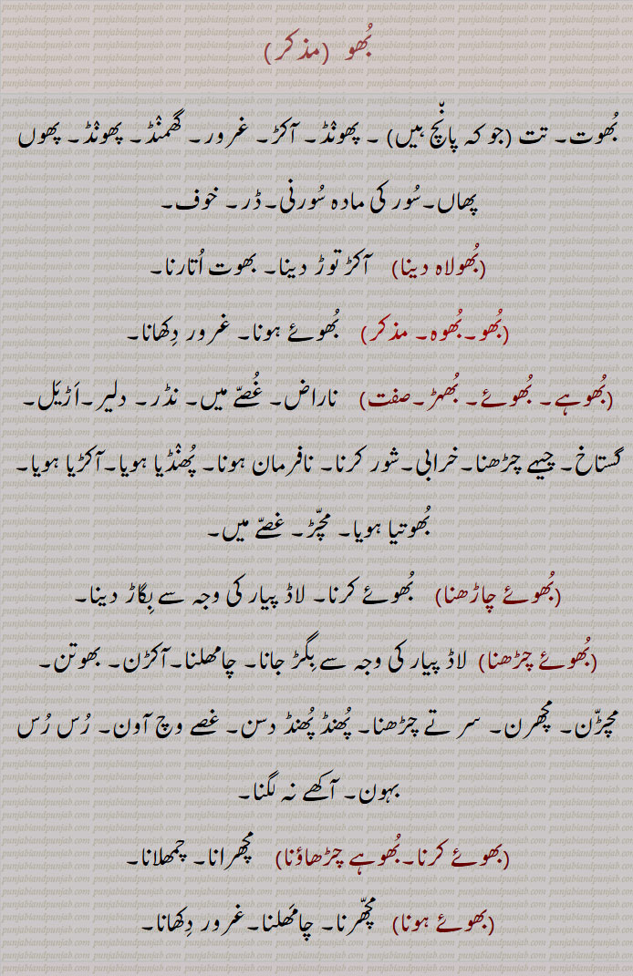   بھو , بھوت, تت   , پھونڈ, آکڑ, غرور, گھمنڈ, پھونڈ, پھوں پھاں,سور کی مادہ سورنی,ڈر, خوف,,بھولاہ دینا,    آکڑ توڑ دینا, بھوت اتارنا,
,بھو,بھوہ,,  بھوئے ہونا, غرور دکھانا, ,بھوہے, بھوئے,  بھہڑ,  ناراض,  غصے میں,  نڈر, دلیر,اڑیل, گستاخ, چیہے چڑھنا,خرابی,شور کرنا, نافرمان ہونا,. پھنڈیا , ہویا,آکڑیا ہویا,بھوتیا ہویا, مچڑ, غصے میں,بھوئے چاڑھنا,  بھوئے کرنا, لاڈ پیار کی وجہ سے بگاڑ دینا,   .(بھوئے چڑھنا)  لاڈ پیار کی وجہ سے بگڑ جانا, چامھلنا,آکڑن, بھوتن, مچڑن, مچھرن, سر تے چڑھنا, پھنڈ پھنڈ دسن, غصے وچ آون, رس رس بہون, آکھے نہ لگنا,,بھوئے کرنا,بھوہے ,چڑھاؤنا,   مچھرانا, چمھلانا,,بھوئے ہونا,  مچھرنا, چامھلنا,غرور دکھانا,  ,Pride, arrogance.  ,bhoh, bhohe,  ਭੂਹੇ , ਭੂਹ ,Insolent behaviour, impertinent or impudent behaviour; disorderly or rowdy behaviour (as a result of pride, arrogance or pampering) rowdyism;  angry, enraged, in a passion; fearless, bold; forward, insolent. ,bhohe/bhoe chaRhna, bhohe،bhoe hona, bhohe،bhoe auna,  ਭੂਹ ਚਾੜ੍ਹਨੀ , ਭੂਹੇ ਹੋਣਾ , ਭੂਹੇ ਚੜ੍ਹਨਾ, To become insolent, to behave impudently، to become disorderly, unruly, indulge in rowdyism; to be pampered and spoiled. ,bhohe/bhoe kara, bhohe/bhoe chaRhauna,  ਭੂਹੇ ਕਰਨਾ , ਭੂਹੇ ਚੜ੍ਹਾਉਣਾ, To spoil by excessive indulgence, to pamper; to pamper, spoil by excessive indulgence; to incite or encourage to rowdyism. ਭੂਹ  بھوہ,bhoo , bhoe , bhohe , bhue, ਭੂਏ , 