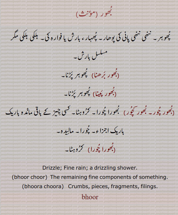 bhoor ,ਭੂਰ، بھور, 
         بُھور ,پُھوہر, ننھی ننھی پانی کی پوہار, پُھہار,بارش یا فوارہ کی, ہلکی ہلکی مگر مسلسل بارش,بُھور بَرھنا,  پُھوہر پَڑنا,بُھور پَینا,  پُھوہر پَڑنا,بُھور چُور, بُھور کچُور,   بُھورا چُورا, کرُوہٹا, کسی چِیز کے باقی مانٛدہ باریک باریک اجزاء, چُورا, مالِیدہ,بُھورا چُورا,  کرُوہٹا,Drizzle; Fine rain; a drizzling shower,bhoor choor,  The remaining fine components of something,bhoora choora,