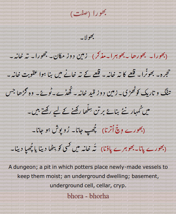 bhor, ਭੋਰ,
bhora , bhorha, ਭੋਰਾ,  بھولا, بھورا,  بھورھا ,بھوہرا,    زمین دوز مکان, جھورا, تہ خانہ, حجرہ, بھونرا, قلعے کا تہ خانہ, قلعے کے تہ خانے میں بنا ہوا عقوبت خانہ, تنگ و تاریک کوٹھڑی,زمین دوز قید خانہ, کھڈے,ٹوئے, وہ گڑھا جس میں کمہار نئے بنائے برتن سلھا رکھنے کے لیے رکھتے ہیں, بھورے وچ اترنا,    چھپ جانا, رو پوش ہو جانا,,بھورے پانا,بھوہرے پاؤنا,   تہ خانہ میں کسی کو بٹھا دینا یا چھپا دینا, A dungeon; a pit in which potters place newly-made vessels to keep them moist; an underground dwelling; basement, underground cell, cellar, cryp.
