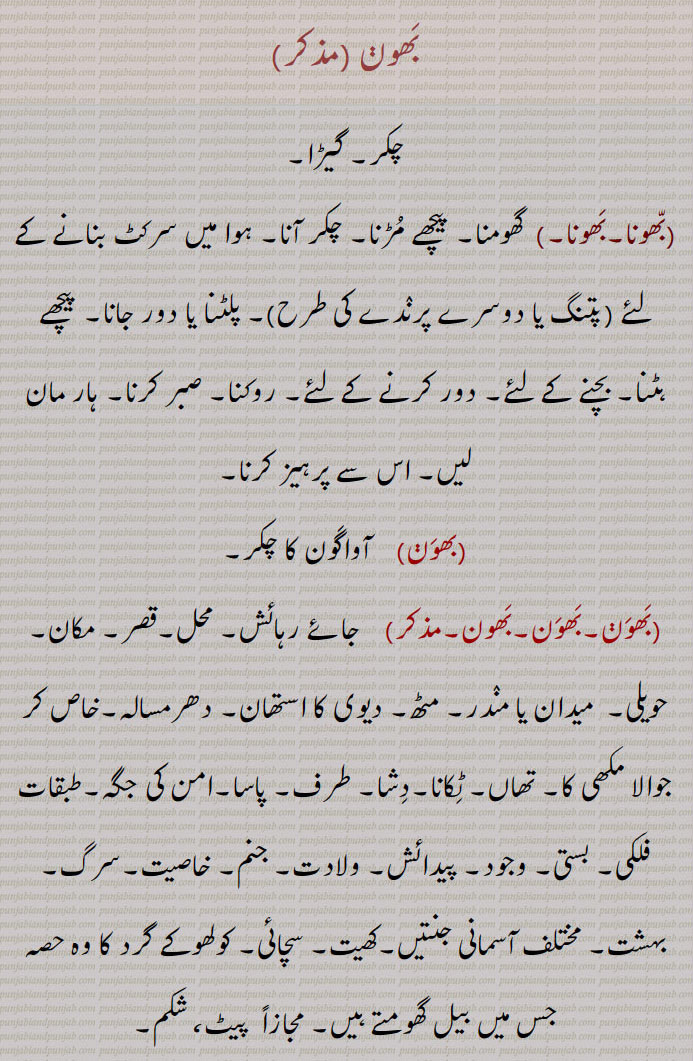 چکر,بھونا, محل, مکان۔ حویلی, تھاں,بھون چترداس ,بھون,بھوناں والی,بھونی,Wandering,bhouna, ,To turn round,bhoun, An ant-hill, the temple ,bhawan,house; a temple, a shrine,bhouni,bhoun, ਭੌਣ, ਭਉਣ, ਭਵਨ, ਭੌਂ,  ਭੌਣਾ ,ਭੌਣੀ ,ਭਵਣ,