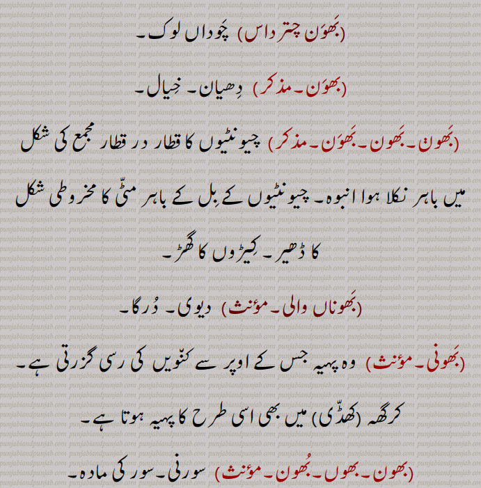 چکر,بھونا, محل, مکان۔ حویلی, تھاں,بھون چترداس ,بھون,بھوناں والی,بھونی,Wandering,bhouna, ,To turn round,bhoun, An ant-hill, the temple ,bhawan,house; a temple, a shrine,bhouni,bhoun, ਭੌਣ, ਭਉਣ, ਭਵਨ, ਭੌਂ,  ਭੌਣਾ ,ਭੌਣੀ ,ਭਵਣ,