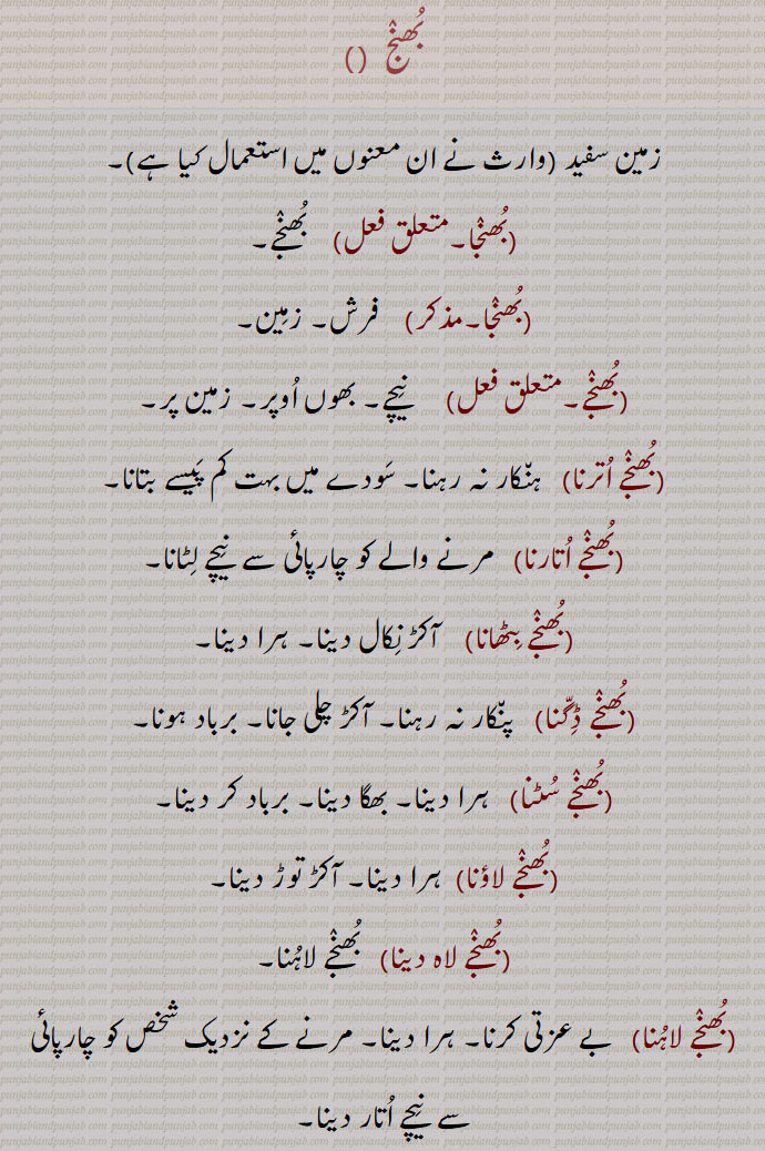 بھنج,bhunj, ਭੁੰਜ,بھنجے  ,bhuNje , ਭੁੰਜੇ,بھنج ,بھنجا,بھنجا,بھنجے,  نیچے, بھوں اوپر, زمین پر,بھنجے اترنا,بھنجے اتارنا,بھنجے بٹھانا,بھنجے ڈگنا,بھنجے سٹنا,بھنجے لاؤنا,بھنجے لاہ دینا,بھنجے لاہنا,بھنجے لتھنا,بھنجے نہ پین دینا,بھنجے لہنا,بھنجے لہ جانا,بھنجیاں, بھئیں,On the ground ,floor,bhuNja,, Below, on earth,bhuNje lathna,bhuNje lahuna,bhuNje suTna,  To defeat, To destroy, bhuNj, 