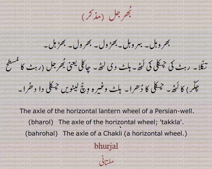 بھرجل,بھروہل,بہروہل,بھڑول, بھرول,بھڑہل, رہٹ کی چکلی کی لٹھ,ہلٹ دی لٹھ,رہٹ کا مسطح چکر, The axle of the horizontal lantern wheel of a Persian-well,bharol,  ਭਰੋਲ,bahrohal, ਬਹਰੋਹਲ ,بھرجل,bhurjal ,ਭੁਰਜਲ,