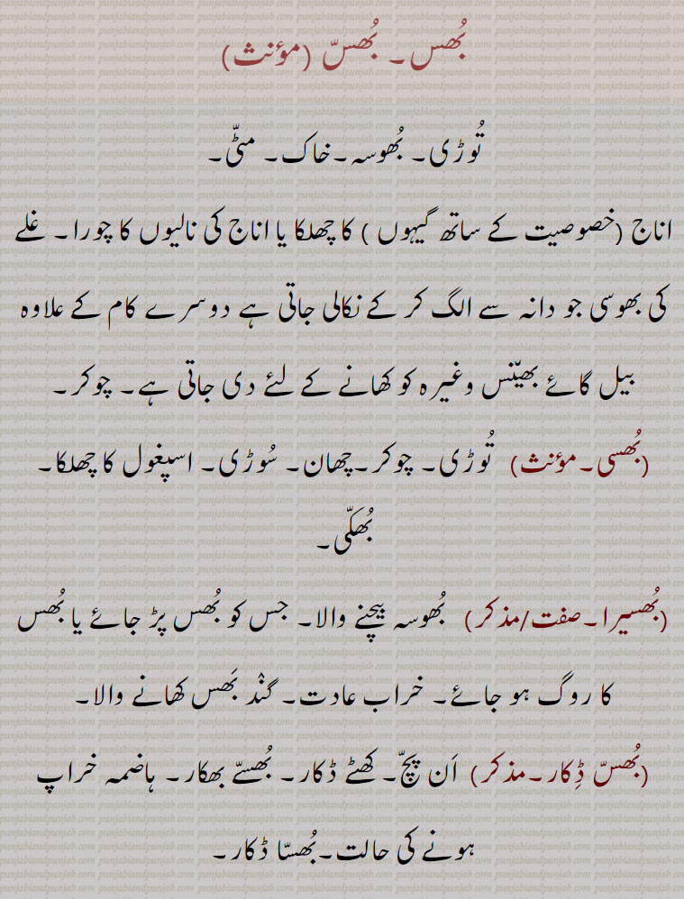    بِھس ,توڑی,خاک,بھوسی, مٹی,سوڑی,چھان, چوکر, اسپغول کا ,کُپ, بھسی,بھسیرا,بھس ڈکار,بھساڑا,بھس اڑانا,بھس بھرنا,بھس بھروانا,بھس دے مول ملیدہ,بھس کھانا,بھس نوں چنگاری لانا,بھس,بھس پوونا,بھسنا, ،bhusط bhuss , ਭਸੱ, bhussi, ਭੁੱਸੀ,bhass Dakaar, 