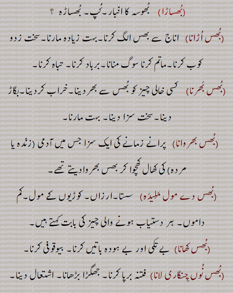    بِھس ,توڑی,خاک,بھوسی, مٹی,سوڑی,چھان, چوکر, اسپغول کا ,کُپ, بھسی,بھسیرا,بھس ڈکار,بھساڑا,بھس اڑانا,بھس بھرنا,بھس بھروانا,بھس دے مول ملیدہ,بھس کھانا,بھس نوں چنگاری لانا,بھس,بھس پوونا,بھسنا, ،bhusط bhuss , ਭਸੱ, bhussi, ਭੁੱਸੀ,bhass Dakaar, 