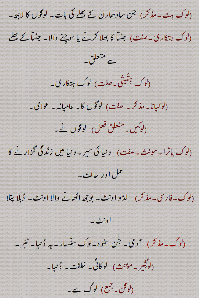   (لوکیانا۔مذکر۔ صفت)  لوگوں کا۔ عامیانہ۔ عوامی۔
(لوکِیں۔متعلق فعل)   لوگوں نے۔
(لوک یاترا۔مونث۔صفت)   دنیا کی سیر۔دنیا میں زنٛدگی گزارنے کا عمل اور حالت۔
(لوک۔فارسی۔مذکر)    لدّو اونٹ۔ بوجھ اٹھانے والا اونٹ۔ دُبلا پتلا اونٹ۔
(لوگ۔مذکر)   آدمی۔ جَن سمُوہ۔لوک سن٘سار۔یہ دُنیا۔ ٹبّر۔
(لوگِیر۔مؤںث)   لوکائی۔ خلقت۔ دُنیا۔
(لوگن۔جمع)  لوگ سے۔
(لوکا۔لوکاں۔ندائیہ)  اَے لوگو۔
(لوکا بَوہڑِیں)  لوگو مدد کے لیے پہنچو۔