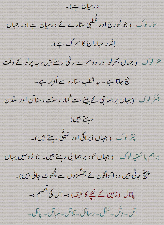 لوک، ہندؤں کے عالم کی تقسیم۔ سورگ لوک۔ پاتال۔۔ مرتیہ لوک۔
 بھور لوک۔سور لوک۔ مہر لوک۔ نر لوکپتر لوک۔ اتل۔ وتل۔ ستل۔ رساتل۔ تلاتل۔ مباتل۔ پاتل۔lok