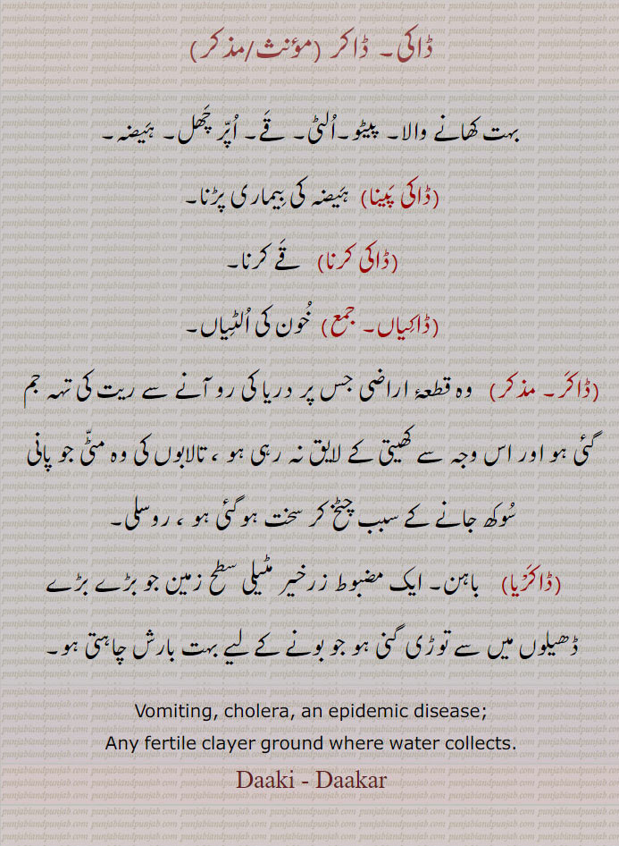  ,ڈاکی,ڈاکر,Daaki,Daakar, ਡਾਕੀ,ਡਾਕਰ, cholera, vomiting, ground where water collects,  ڈاکی پینا , ڈاکی کرنا , ڈاکیاں, ڈاکر,  ڈاکڑیا , الٹی خون کی , باہن  