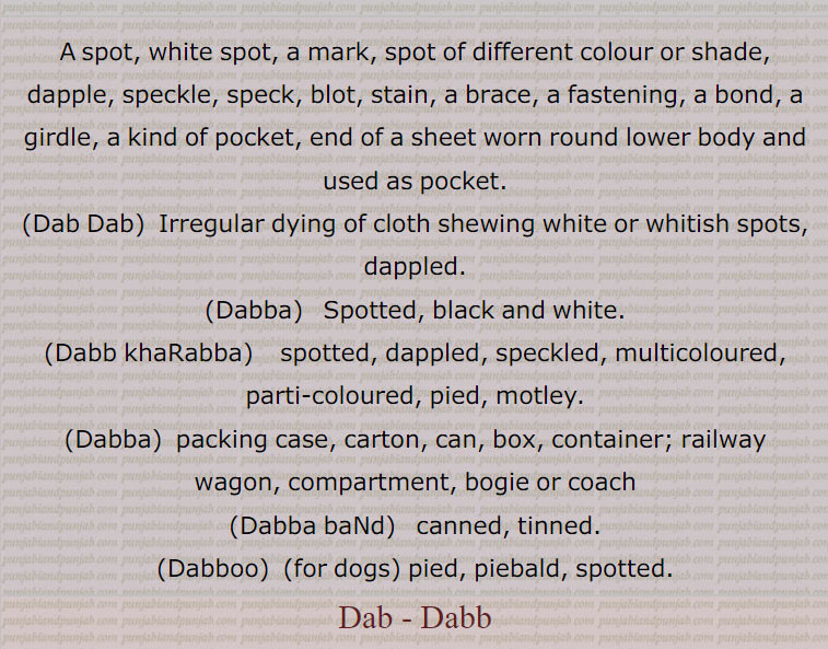  ڈب, Dabb, ਡੱਬ, Dab ,Dabb, ਡੱਬ, Dabb khaRabba, ਡੱਬ ਖੜੱਬਾ, Dabb paune, ਡੱਬ ਪਾਉਣੇ,  dabba ,  ਡੱਬਾ, Dabba band,  ਡੱਬਾਬੰਦ,Dabba baNd karna,  ਡੱਬਾਬੰਦ ਕਰਨਾ, Dabba baNdi, ਡੱਬਾਬੰਦੀ,Dabba baNdi da karkhaana, ਡੱਬਾਬੰਦੀ ਦਾ ਕਾਰਖਾਨਾ,  Dabbi,  ਡੱਬੀ, Dabboo,  ਡੱਬੂ, ڈبے چونکہ ڈبیاں, مارنا ڈبّ, ڈبو, ڈبُو, ڈبی, ڈبا ہونا , ڈبا کیڑا لڑنا, ڈباڈانڈ,ڈبہ 