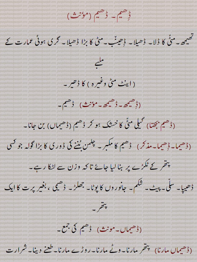   ڈھیم۔ ڈھیم ,تھیمھ۔مٹی کا ڈلا۔ ڈھیلا۔ ڈھینب۔مٹی کا بڑا ڈھیلا۔ گری ہوئی عمارت کے ملبے, اینٹ مٹی وغیرہ, کا ڈھیر,ڈھیمھ, ڈھیم,ڈھیم بجھنا, گیلی مٹی کا خشک ہو کر ڈھیم (ڈھیماں) بن جانا,ڈھیما,  ڈھیم کا مکبر۔ چلمن بننے کی ڈوری کا بڑا گولہ جو کسی پتھر کے ٹکڑے پر بنا لیا جائے تا کہ وزن سے لٹکا رہے۔
ڈھیپا۔ سلی۔پیٹ۔ شکم۔ جانوروں کا پوٹا۔ جھلڑ۔ ڈھیمی ، بغیر پرت کا ایک پتھر,ڈھیماں, ڈھیم  کی جمع,ڈھیماں مارنا,   پتھر مارنا۔وٹے مارنا۔روڑے مارنا۔طعنے دینا۔شرارت کرنا۔دکھ دینا۔ تنگ کرنا,ڈھیمی,  بغیر پرت کا پتھر، یہ زمین کے اندرونی تغیرات سے بنتا ہے اس کے اجزا آپس میں اس قدر وصل ہوتے ہیں کہ اس کے پرت نہیں بن سکتے ایسے پتھر کو ڈھیم ، ڈھیما یا ڈھیمی کہتے ہیں اور علمی اصطلاح میں ناری کہلاتا ہے,A lump of earth, a clod.,Dhemh,  A lump of earth, or clod; Dheem. ,Dheema, Dheemh, Theemh,  A lump of earth, a clod. ,Dheem - Dhem, ڈھیم , ਢੀਮ , Dheem,Dhem,ਢੀਮ ,,ਢੀਮ , ਢੀਮ੍ਹ , Theemh,ਠੀਮ੍ਹ ,ਢੇਮ੍ਹ,Dhemh,  