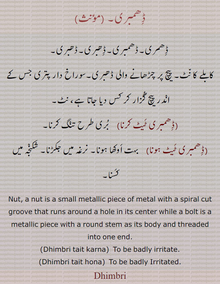     ڈھمبری۔ ,ڈھمری۔ڈھمبری۔ڈھبری۔ڈھبری۔
کابلے کا نٹ۔ پیچ پر چڑھانے والی ڈھبری۔سوراخ دار پتری جس کے اندر پیچ گزار کر کس دیا جاتا ہے، نٹ,ڈھمبری ٹیٹ کرنا,    بری طرح تنگ کرنا,ڈھمبری ٹیٹ ہونا,   بہت اوکھا ہونا۔ نرغہ میں جکڑنا۔ شکنجہ میں  , کسنا۔ , Nut, a nut is a small metallic piece of metal with a spiral cut groove that runs around a hole in its center while a bolt is a metallic piece with a round stem as its body and threaded into one end.,Dhimbri tait karna, To be badly irritate.,Dhimbri tait hona,  To be badly Irritated.,Dhimbri, Dhimbri ,ਢਿੰਬਰੀ, Dhambri ,ਢਿਬਰੀ,Dhabri, ਢਬਰੀ,