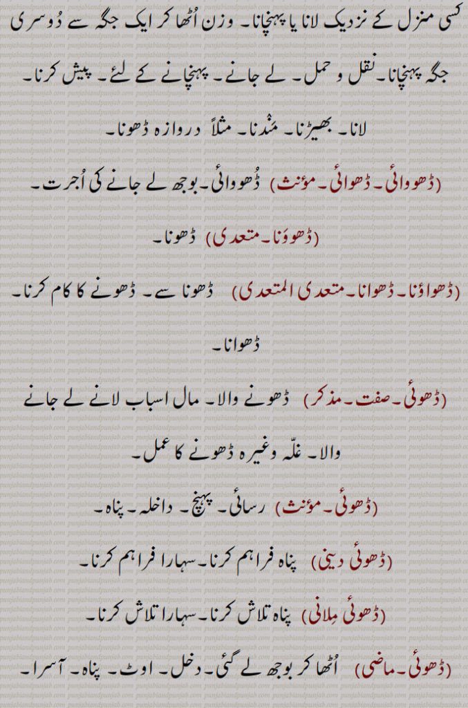  ڈھو ,رسائی۔ پہنچ۔ ستتھتی۔ حالت۔بھانا۔ قسط۔ موقع۔ڈھوآ۔ سبب۔ بدھ۔ بیاہ کی پہلی رات,ڈھب۔ طریقہ۔ ڈھنگ۔ سلیقہ۔ اوٹ۔ذریعہ۔ وسیلہ,سبب۔قسمت۔ نصیب۔ مقدر۔اپا۔ تدبیر۔ کوشش۔ جتن۔ قربت, نیڑتا۔چڑھاوا۔ نذرانہ۔ڈھکنے کا عمل یا حالت,ڈھو, سہارا۔ آسرا۔ ٹیک۔ڈھاسنا۔ پناہ۔ادھار۔کھیت میں کیارے ڈالنے والے جندرا کا ہتھا۔ لکڑی کی بڑی کریدنی ,پنجہ کا دستہ ,ڈھو ڈھب۔,   طور طریقہ سے۔سبب۔ سہارا۔ آسرا۔ وسیلہ,ڈھو ڈھکنا, بدھ ملنا ۔ سبب بننا۔ ٹل لگنا۔ اچھا موقعہ مل جانا۔ برات کا دلہن کے گھر پہنچنا۔موافق (موقع) ہونا۔ وقوع پذیر ہونا۔ موقع حاصل کرنا۔ڈھوہ,ڈھو ڈھکدا دسن,  کام سنورتا نظر آنا۔ گل بندی لگنا,ڈھو لگنا,  سبب بننا,ڈھو ملنا,  سبب ملنا۔ بدھ ملنا,ڈھو لبھن,    سہارا ڈھونڈنا۔ وسیلہ پیدا کرنا,ڈھو نال,  سبب سے۔ اتفاق سے,ڈھو بناونا)   آسرا بنانا۔ سبب بنانا۔ وسیلہ بنانا,ڈھو میلا,  سبب ۔ موقع۔ذریعہ,ڈھو نہ ڈھکن,   وسیلہ نہ بننا۔ سبب نہ بننا۔داہ نہ لگنا,ڈھو ڈھکدا دسن,   کم سنورتا نظر آنا۔ گل بندی لگنا,ڈھوآ,   بھینٹ۔چڑھاوا۔ نذرانہ۔ پیش کی ہوئی ڈالی۔ چھوٹوں کی برف سے بڑوں کو نذر کی ہوئی ڈالی (پھل۔ پھول)۔پھل پھول کا تحفہ جو کسی کمتر درجہ کے شخص کی طرف سے اپنے افسر کو بھیجا جائے ، ڈالی۔ سوغات۔ دلہن کے لیے بیاہ سے پہلے دلہا کی طرف سے بھیجے زیور کپڑے وغیرہ (آنا)۔ ڈھکاؤ,بارات کے ڈھکنے کی حالت۔ ملاقات۔آسرا۔ سہارا۔ ٹیک۔ ڈھو۔حملہ۔ ہلا۔ چڑھائی۔موقع,ڈھوآ ڈھونا,   تحفہ لے جانا,ڈھ, ڈھونا سے,ڈھو دینا, ڈھونا۔قریب لانا,ڈھو ڈھوائی,   مال اسباب کو ایک جگہ سے دوسری جگہ لے جانے کا کام۔ ڈھونے کا کام۔ باربرداری,ڈھو لانا,    ٹیک لگانا۔سہارا لینا۔کسے شے نال کنڈ لا کے بہنا یا  کھلونا,ڈھوآ ڈھائی۔ڈھوآ ڈھوائی۔ڈھوآ ڈھہائی,  ڈھو ڈھوائی۔نقل و حمل; گاڑی، نقل و حمل، سامان کی منتقلی۔کسے شے نوں ڈھون دا عمل تے اوہدے اجرت۔
 ڈھونا, ڈھوہنا , پہنچنا, اٹھانا۔ لے جانا۔ پٹانا۔ کسی منزل کے نزدیک لانا یا پہنچانا۔ وزن اٹھا کر ایک جگہ سے دوسری جگہ پہنچانا۔نقل و حمل۔ لے جانے۔ پہنچانے کے لئے۔ پیش کرنا۔ لانا۔ بھیڑنا۔ مندنا۔ مثلاً  دروازہ ڈھونا,ڈھووائی۔ڈھوائی,  ڈھووائی۔بوجھ لے جانے کی اجرت,ڈھوونا, ڈھونا,ڈھواؤنا۔ڈھوانا,   ڈھونا سے۔ ڈھونے کا کام کرنا۔ڈھوانا,ڈھوئی,  ڈھونے والا۔ مال اسباب لانے لے جانے والا۔ غلہ وغیرہ ڈھونے کا عمل,ڈھوئی,  رسائی۔ پہنچ۔ داخلہ۔پناہ,ڈھوئی دینی,   پناہ فراہم کرنا۔سہارا فراہم کرنا,ڈھوئی ملانی,  پناہ تلاش کرنا۔سہارا تلاش کرنا,ڈھوئی,اٹھا کر بوجھ لے گئی۔دخل۔ اوٹ۔ پناہ۔ آسرا۔ سہارا۔ قدر۔ جاننا۔ ملنا,ڈھوئے ہاں, قریب کئے گئے ہیں,ڈھویا,  ڈھونا سے۔ ڈھوٹھا,ڈھوہ,   سہارا۔ڈھو,ڈھوہ, پہنچ۔ڈھو۔دو مدعا علیہان کے لئے ایک مخصوص جگہ پر ملاقات کا وقت ٹھہرانا تاکہ ان کے تنازعہ کا فیصلہ کیا جاسکے,ڈھوہ جانا,  دو مدعا علیہان کے لئے مقرر کردہ جگہ پر جانا تاکہ ان کے تنازعہ کا فیصلہ کیا جاسکے,ڈھوہ لانا۔ڈھوہ لاؤنا,  دیوار یا کسی بھی چیز کا  سہارا ہونا,ڈھوہنا,  ڈھونا ,اٹھا کر لے جانا۔ہٹا دینا وغیرہ, ڈھوہنا,بھیڑنا۔ بند کرنا (دروازہ)۔ پاس لانا۔ قریب لانا۔ نزدیک آنے دینا,ڈھوہو, باربردار,ڈھوہے,  اٹھا کر لائے,ڈھوہسیاں, ڈھونا سے,ڈھوہیندا,ڈھوہنا سے,ڈھو,  ڈھونا سے۔ دھو,ڈھوونا,  دھونا۔ نہانا,ڈھو, ڈھونا سے,ڈھو, ڈھائی۔ اڑھائی,ڈھوگنا,ڈھائی گنا۔ ڈھونا,ڈھونا,  ڈھائی گنا۔ ڈھو گنا,ڈھونا,   ڈھائی (اڑھائی) کا پہاڑا,ڈھونا,  ڈھانا,ڈھو,  ڈھو,ڈھو۔ڈھوہ۔ڈھوہ,  ڈھوئیا۔ پٹھ۔ کنڈ,ڈھوہ کھلا کرنا۔ڈھوہا کھلا رکھنا, ساری واہ لانا۔ پوری ہمت خرچ کرنا,ڈھو گھٹنی,   تنگ پاجامہ۔ پد گھٹنی,ڈھوہ لانا,   پیٹھ لگانا۔ ہرانا,ڈھوہا,  ڈھوآ۔ چوتڑ۔ بنڈ۔ مقعد۔ پٹھ۔ کنڈ۔ ڈھو۔ کمر,ڈھوہی, ڈوہی۔ گدا۔ چوتڑ۔ دبر۔ پیٹھ۔ پٹھ۔ کنڈ,ڈھوہی ٹکنا, ڈھوہی ٹگنا۔ آرام تسلی سے بیٹھنا,ڈھوہی ٹگنا,  ڈھوہی ٹکنا,ڈھوہی دا ٹل/زور لانا,  پورا زور لگانا,ڈھوہی نہ لگنا,   ٹک کر نہ بیٹھنا,ڈھوئی,  ڈھوہی۔ڈھو۔ آسرا۔ ڈھوآ,ڈھوہ گھتنا,  کٹی ہوئی فصل کو گٹھڑیاں باندھ باندھ کر اٹھانا,ڈھوہ لوانی, سہارا دینا۔آرام کرنے کے لئے  تکیے وغیرہ دینا,ڈھوک, ڈھونے کا عمل۔بستی,ڈھوئی,ڈھوہی,ڈھوئی ترٹا,  ترک۔ لگڑ بگڑ۔لکڑ بھگا۔ بگڑ بگا۔ایک درندہ,ڈھوئی کھڑی کرنا,ڈھوہا کھلا کرنا,ڈھوئیا,  ڈھوآ۔سوغات۔ آسرا,ڈھویجنا,  ڈھوہنا سے,ڈھو ڈیونا,  وحشی جانوروں کی طرح چھپ رہنا,ڈھوآ,   کمر۔لک۔ڈھڈی۔ پٹھ۔ڈھوئی,ڈھوئیا۔ڈھوہا۔ چوتڑ۔ گانڈ۔ پیٹھ۔ کمر,ڈھوآ کھڑا کرنا,  انتہائی کوشش کرنا,ڈھوئی,   ٹھکانا۔ آسرا وغیرہ,ڈھوا, ڈھوانا سے,ڈھونا,  کسی چیز کو گرانا,ڈھوانا,  ڈھانا سے۔ڈھونا سے۔ ڈھوانا۔ کسی چیز کو گرانا,ڈھہاؤنا۔ڈھہاوانا,   کسی چیز کو گرانا۔,مسمار کرنا یا مٹانا۔ کسی کو کشتی میں شکست دینا یا حاصل کرنا,ڈھوائی,  ڈھاہنے کا کام یا اجرت۔ ڈھوائی,ڈھوا,  ڈھوانا سے,ڈھوانا,  ڈھونا سے۔ڈھونے کا کام کرنا۔ڈھا سے۔ ڈھوانا,ڈھوائی, ڈھلائی۔ڈھونے کا کام یا اجرت۔ ڈھوائی,ڈھوا,بہانہ۔ حیلہ,ڈھوا دھرنا,
Circumstance, event, case, incident; opportunity, chance, accident; lot; the handle of a large wooden rake ('jaNdra'); an imperative of  'DhoNa'.,Dho Dena,  To bring near, to bring.,Dho Dhukkna, To be favourable (opportunity), to occur, to chance. Also see 'Dhoh'.,Dho,  Imperative form of 'Dhona', carry, transport.,Dhoa,  Co-incidence, chance, opportunity.,Dhoa,  Same as 'Dho' , back-rest.,Dhoa dhukana, Dhoa lagna,  Co-incidence to occur, for a chance to offer itself.,Dhoa,Present, offering.,dhoa dhuai,   Transportation; carriage, conveyance, shifting of goods.,dhoa dhona, To carry and make a present.,Dhoh,   A support. rest; approach; an appointment for two litigants to meet at a certain place to have their dispute adjudicated upon.,Dhoh jaana,   To go to the place appointed for two litigants to have their dispute adjudicated upon.,Dhoh launa, To have support (of a wall or anything), to rest.,Dhahauna, Dhawauna,   To cause or get something demolished, razed or erased, to cause or get someone defeated in wrestling.,Dhoi,    Refuge, shelter, asylum.,Dhoi deni,   To provide refuge.,Dhoi milani,  To find refuge.,Dhoh,    Back-rest, rest, buttress shore, prop.,Dhoh deni,   To provide prop., to buttress.,Dho launi,   To recline on a rest (as on a pillow), to rest, against back-rest.,Dhok,  Same as 'jhok' hamlet.,Dhona,   To transport, carry, convey; to close, shut (door, etc.).
Dho,ਢੋਅ, ਢੋਅ,ਢੋਹ ,  ਢੋਅ ਢੁਕਣਾ, ਢੋਅ ਲੱਗਣਾ, ਢੋਆ,ਢੋਆ ਢੁਆਈ , ਢੋਆ ਢੋਣਾ,ਢੋਹ, ਢਵਾਉਣਾ ,ਢੋਈ , ਢੋਈ ਦੇਣੀ,ਢੋਈ ਮਿਲ਼ਨੀ, ਢੋਹ, ਢੋਹ ਦੇਣੀ,ਢੋਹ ਲਾਉਣੀ,ਢੋਕ,ਝੋਕ,ਢੋਣਾ, ਢੋ,ਝੋਕ, 