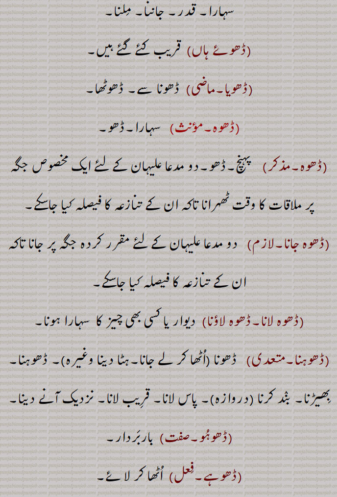  ڈھو ,رسائی۔ پہنچ۔ ستتھتی۔ حالت۔بھانا۔ قسط۔ موقع۔ڈھوآ۔ سبب۔ بدھ۔ بیاہ کی پہلی رات,ڈھب۔ طریقہ۔ ڈھنگ۔ سلیقہ۔ اوٹ۔ذریعہ۔ وسیلہ,سبب۔قسمت۔ نصیب۔ مقدر۔اپا۔ تدبیر۔ کوشش۔ جتن۔ قربت, نیڑتا۔چڑھاوا۔ نذرانہ۔ڈھکنے کا عمل یا حالت,ڈھو, سہارا۔ آسرا۔ ٹیک۔ڈھاسنا۔ پناہ۔ادھار۔کھیت میں کیارے ڈالنے والے جندرا کا ہتھا۔ لکڑی کی بڑی کریدنی ,پنجہ کا دستہ ,ڈھو ڈھب۔,   طور طریقہ سے۔سبب۔ سہارا۔ آسرا۔ وسیلہ,ڈھو ڈھکنا, بدھ ملنا ۔ سبب بننا۔ ٹل لگنا۔ اچھا موقعہ مل جانا۔ برات کا دلہن کے گھر پہنچنا۔موافق (موقع) ہونا۔ وقوع پذیر ہونا۔ موقع حاصل کرنا۔ڈھوہ,ڈھو ڈھکدا دسن,  کام سنورتا نظر آنا۔ گل بندی لگنا,ڈھو لگنا,  سبب بننا,ڈھو ملنا,  سبب ملنا۔ بدھ ملنا,ڈھو لبھن,    سہارا ڈھونڈنا۔ وسیلہ پیدا کرنا,ڈھو نال,  سبب سے۔ اتفاق سے,ڈھو بناونا)   آسرا بنانا۔ سبب بنانا۔ وسیلہ بنانا,ڈھو میلا,  سبب ۔ موقع۔ذریعہ,ڈھو نہ ڈھکن,   وسیلہ نہ بننا۔ سبب نہ بننا۔داہ نہ لگنا,ڈھو ڈھکدا دسن,   کم سنورتا نظر آنا۔ گل بندی لگنا,ڈھوآ,   بھینٹ۔چڑھاوا۔ نذرانہ۔ پیش کی ہوئی ڈالی۔ چھوٹوں کی برف سے بڑوں کو نذر کی ہوئی ڈالی (پھل۔ پھول)۔پھل پھول کا تحفہ جو کسی کمتر درجہ کے شخص کی طرف سے اپنے افسر کو بھیجا جائے ، ڈالی۔ سوغات۔ دلہن کے لیے بیاہ سے پہلے دلہا کی طرف سے بھیجے زیور کپڑے وغیرہ (آنا)۔ ڈھکاؤ,بارات کے ڈھکنے کی حالت۔ ملاقات۔آسرا۔ سہارا۔ ٹیک۔ ڈھو۔حملہ۔ ہلا۔ چڑھائی۔موقع,ڈھوآ ڈھونا,   تحفہ لے جانا,ڈھ, ڈھونا سے,ڈھو دینا, ڈھونا۔قریب لانا,ڈھو ڈھوائی,   مال اسباب کو ایک جگہ سے دوسری جگہ لے جانے کا کام۔ ڈھونے کا کام۔ باربرداری,ڈھو لانا,    ٹیک لگانا۔سہارا لینا۔کسے شے نال کنڈ لا کے بہنا یا  کھلونا,ڈھوآ ڈھائی۔ڈھوآ ڈھوائی۔ڈھوآ ڈھہائی,  ڈھو ڈھوائی۔نقل و حمل; گاڑی، نقل و حمل، سامان کی منتقلی۔کسے شے نوں ڈھون دا عمل تے اوہدے اجرت۔
 ڈھونا, ڈھوہنا , پہنچنا, اٹھانا۔ لے جانا۔ پٹانا۔ کسی منزل کے نزدیک لانا یا پہنچانا۔ وزن اٹھا کر ایک جگہ سے دوسری جگہ پہنچانا۔نقل و حمل۔ لے جانے۔ پہنچانے کے لئے۔ پیش کرنا۔ لانا۔ بھیڑنا۔ مندنا۔ مثلاً  دروازہ ڈھونا,ڈھووائی۔ڈھوائی,  ڈھووائی۔بوجھ لے جانے کی اجرت,ڈھوونا, ڈھونا,ڈھواؤنا۔ڈھوانا,   ڈھونا سے۔ ڈھونے کا کام کرنا۔ڈھوانا,ڈھوئی,  ڈھونے والا۔ مال اسباب لانے لے جانے والا۔ غلہ وغیرہ ڈھونے کا عمل,ڈھوئی,  رسائی۔ پہنچ۔ داخلہ۔پناہ,ڈھوئی دینی,   پناہ فراہم کرنا۔سہارا فراہم کرنا,ڈھوئی ملانی,  پناہ تلاش کرنا۔سہارا تلاش کرنا,ڈھوئی,اٹھا کر بوجھ لے گئی۔دخل۔ اوٹ۔ پناہ۔ آسرا۔ سہارا۔ قدر۔ جاننا۔ ملنا,ڈھوئے ہاں, قریب کئے گئے ہیں,ڈھویا,  ڈھونا سے۔ ڈھوٹھا,ڈھوہ,   سہارا۔ڈھو,ڈھوہ, پہنچ۔ڈھو۔دو مدعا علیہان کے لئے ایک مخصوص جگہ پر ملاقات کا وقت ٹھہرانا تاکہ ان کے تنازعہ کا فیصلہ کیا جاسکے,ڈھوہ جانا,  دو مدعا علیہان کے لئے مقرر کردہ جگہ پر جانا تاکہ ان کے تنازعہ کا فیصلہ کیا جاسکے,ڈھوہ لانا۔ڈھوہ لاؤنا,  دیوار یا کسی بھی چیز کا  سہارا ہونا,ڈھوہنا,  ڈھونا ,اٹھا کر لے جانا۔ہٹا دینا وغیرہ, ڈھوہنا,بھیڑنا۔ بند کرنا (دروازہ)۔ پاس لانا۔ قریب لانا۔ نزدیک آنے دینا,ڈھوہو, باربردار,ڈھوہے,  اٹھا کر لائے,ڈھوہسیاں, ڈھونا سے,ڈھوہیندا,ڈھوہنا سے,ڈھو,  ڈھونا سے۔ دھو,ڈھوونا,  دھونا۔ نہانا,ڈھو, ڈھونا سے,ڈھو, ڈھائی۔ اڑھائی,ڈھوگنا,ڈھائی گنا۔ ڈھونا,ڈھونا,  ڈھائی گنا۔ ڈھو گنا,ڈھونا,   ڈھائی (اڑھائی) کا پہاڑا,ڈھونا,  ڈھانا,ڈھو,  ڈھو,ڈھو۔ڈھوہ۔ڈھوہ,  ڈھوئیا۔ پٹھ۔ کنڈ,ڈھوہ کھلا کرنا۔ڈھوہا کھلا رکھنا, ساری واہ لانا۔ پوری ہمت خرچ کرنا,ڈھو گھٹنی,   تنگ پاجامہ۔ پد گھٹنی,ڈھوہ لانا,   پیٹھ لگانا۔ ہرانا,ڈھوہا,  ڈھوآ۔ چوتڑ۔ بنڈ۔ مقعد۔ پٹھ۔ کنڈ۔ ڈھو۔ کمر,ڈھوہی, ڈوہی۔ گدا۔ چوتڑ۔ دبر۔ پیٹھ۔ پٹھ۔ کنڈ,ڈھوہی ٹکنا, ڈھوہی ٹگنا۔ آرام تسلی سے بیٹھنا,ڈھوہی ٹگنا,  ڈھوہی ٹکنا,ڈھوہی دا ٹل/زور لانا,  پورا زور لگانا,ڈھوہی نہ لگنا,   ٹک کر نہ بیٹھنا,ڈھوئی,  ڈھوہی۔ڈھو۔ آسرا۔ ڈھوآ,ڈھوہ گھتنا,  کٹی ہوئی فصل کو گٹھڑیاں باندھ باندھ کر اٹھانا,ڈھوہ لوانی, سہارا دینا۔آرام کرنے کے لئے  تکیے وغیرہ دینا,ڈھوک, ڈھونے کا عمل۔بستی,ڈھوئی,ڈھوہی,ڈھوئی ترٹا,  ترک۔ لگڑ بگڑ۔لکڑ بھگا۔ بگڑ بگا۔ایک درندہ,ڈھوئی کھڑی کرنا,ڈھوہا کھلا کرنا,ڈھوئیا,  ڈھوآ۔سوغات۔ آسرا,ڈھویجنا,  ڈھوہنا سے,ڈھو ڈیونا,  وحشی جانوروں کی طرح چھپ رہنا,ڈھوآ,   کمر۔لک۔ڈھڈی۔ پٹھ۔ڈھوئی,ڈھوئیا۔ڈھوہا۔ چوتڑ۔ گانڈ۔ پیٹھ۔ کمر,ڈھوآ کھڑا کرنا,  انتہائی کوشش کرنا,ڈھوئی,   ٹھکانا۔ آسرا وغیرہ,ڈھوا, ڈھوانا سے,ڈھونا,  کسی چیز کو گرانا,ڈھوانا,  ڈھانا سے۔ڈھونا سے۔ ڈھوانا۔ کسی چیز کو گرانا,ڈھہاؤنا۔ڈھہاوانا,   کسی چیز کو گرانا۔,مسمار کرنا یا مٹانا۔ کسی کو کشتی میں شکست دینا یا حاصل کرنا,ڈھوائی,  ڈھاہنے کا کام یا اجرت۔ ڈھوائی,ڈھوا,  ڈھوانا سے,ڈھوانا,  ڈھونا سے۔ڈھونے کا کام کرنا۔ڈھا سے۔ ڈھوانا,ڈھوائی, ڈھلائی۔ڈھونے کا کام یا اجرت۔ ڈھوائی,ڈھوا,بہانہ۔ حیلہ,ڈھوا دھرنا,
Circumstance, event, case, incident; opportunity, chance, accident; lot; the handle of a large wooden rake ('jaNdra'); an imperative of  'DhoNa'.,Dho Dena,  To bring near, to bring.,Dho Dhukkna, To be favourable (opportunity), to occur, to chance. Also see 'Dhoh'.,Dho,  Imperative form of 'Dhona', carry, transport.,Dhoa,  Co-incidence, chance, opportunity.,Dhoa,  Same as 'Dho' , back-rest.,Dhoa dhukana, Dhoa lagna,  Co-incidence to occur, for a chance to offer itself.,Dhoa,Present, offering.,dhoa dhuai,   Transportation; carriage, conveyance, shifting of goods.,dhoa dhona, To carry and make a present.,Dhoh,   A support. rest; approach; an appointment for two litigants to meet at a certain place to have their dispute adjudicated upon.,Dhoh jaana,   To go to the place appointed for two litigants to have their dispute adjudicated upon.,Dhoh launa, To have support (of a wall or anything), to rest.,Dhahauna, Dhawauna,   To cause or get something demolished, razed or erased, to cause or get someone defeated in wrestling.,Dhoi,    Refuge, shelter, asylum.,Dhoi deni,   To provide refuge.,Dhoi milani,  To find refuge.,Dhoh,    Back-rest, rest, buttress shore, prop.,Dhoh deni,   To provide prop., to buttress.,Dho launi,   To recline on a rest (as on a pillow), to rest, against back-rest.,Dhok,  Same as 'jhok' hamlet.,Dhona,   To transport, carry, convey; to close, shut (door, etc.).
Dho,ਢੋਅ, ਢੋਅ,ਢੋਹ ,  ਢੋਅ ਢੁਕਣਾ, ਢੋਅ ਲੱਗਣਾ, ਢੋਆ,ਢੋਆ ਢੁਆਈ , ਢੋਆ ਢੋਣਾ,ਢੋਹ, ਢਵਾਉਣਾ ,ਢੋਈ , ਢੋਈ ਦੇਣੀ,ਢੋਈ ਮਿਲ਼ਨੀ, ਢੋਹ, ਢੋਹ ਦੇਣੀ,ਢੋਹ ਲਾਉਣੀ,ਢੋਕ,ਝੋਕ,ਢੋਣਾ, ਢੋ,ਝੋਕ, 