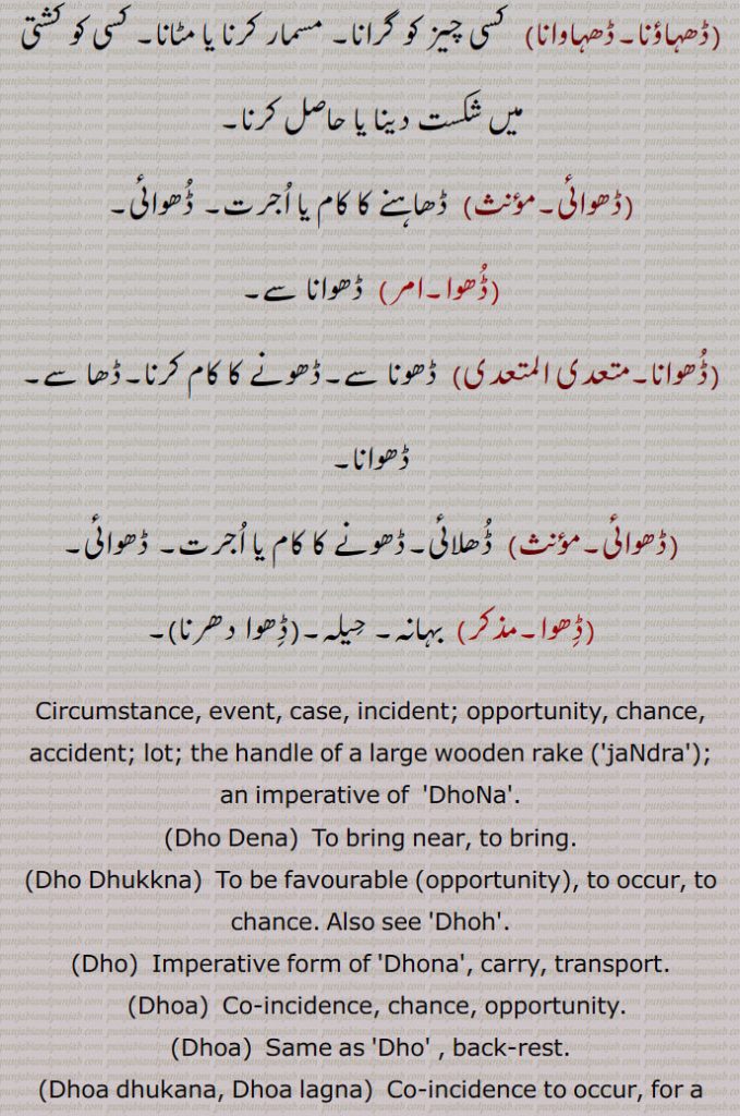  ڈھو ,رسائی۔ پہنچ۔ ستتھتی۔ حالت۔بھانا۔ قسط۔ موقع۔ڈھوآ۔ سبب۔ بدھ۔ بیاہ کی پہلی رات,ڈھب۔ طریقہ۔ ڈھنگ۔ سلیقہ۔ اوٹ۔ذریعہ۔ وسیلہ,سبب۔قسمت۔ نصیب۔ مقدر۔اپا۔ تدبیر۔ کوشش۔ جتن۔ قربت, نیڑتا۔چڑھاوا۔ نذرانہ۔ڈھکنے کا عمل یا حالت,ڈھو, سہارا۔ آسرا۔ ٹیک۔ڈھاسنا۔ پناہ۔ادھار۔کھیت میں کیارے ڈالنے والے جندرا کا ہتھا۔ لکڑی کی بڑی کریدنی ,پنجہ کا دستہ ,ڈھو ڈھب۔,   طور طریقہ سے۔سبب۔ سہارا۔ آسرا۔ وسیلہ,ڈھو ڈھکنا, بدھ ملنا ۔ سبب بننا۔ ٹل لگنا۔ اچھا موقعہ مل جانا۔ برات کا دلہن کے گھر پہنچنا۔موافق (موقع) ہونا۔ وقوع پذیر ہونا۔ موقع حاصل کرنا۔ڈھوہ,ڈھو ڈھکدا دسن,  کام سنورتا نظر آنا۔ گل بندی لگنا,ڈھو لگنا,  سبب بننا,ڈھو ملنا,  سبب ملنا۔ بدھ ملنا,ڈھو لبھن,    سہارا ڈھونڈنا۔ وسیلہ پیدا کرنا,ڈھو نال,  سبب سے۔ اتفاق سے,ڈھو بناونا)   آسرا بنانا۔ سبب بنانا۔ وسیلہ بنانا,ڈھو میلا,  سبب ۔ موقع۔ذریعہ,ڈھو نہ ڈھکن,   وسیلہ نہ بننا۔ سبب نہ بننا۔داہ نہ لگنا,ڈھو ڈھکدا دسن,   کم سنورتا نظر آنا۔ گل بندی لگنا,ڈھوآ,   بھینٹ۔چڑھاوا۔ نذرانہ۔ پیش کی ہوئی ڈالی۔ چھوٹوں کی برف سے بڑوں کو نذر کی ہوئی ڈالی (پھل۔ پھول)۔پھل پھول کا تحفہ جو کسی کمتر درجہ کے شخص کی طرف سے اپنے افسر کو بھیجا جائے ، ڈالی۔ سوغات۔ دلہن کے لیے بیاہ سے پہلے دلہا کی طرف سے بھیجے زیور کپڑے وغیرہ (آنا)۔ ڈھکاؤ,بارات کے ڈھکنے کی حالت۔ ملاقات۔آسرا۔ سہارا۔ ٹیک۔ ڈھو۔حملہ۔ ہلا۔ چڑھائی۔موقع,ڈھوآ ڈھونا,   تحفہ لے جانا,ڈھ, ڈھونا سے,ڈھو دینا, ڈھونا۔قریب لانا,ڈھو ڈھوائی,   مال اسباب کو ایک جگہ سے دوسری جگہ لے جانے کا کام۔ ڈھونے کا کام۔ باربرداری,ڈھو لانا,    ٹیک لگانا۔سہارا لینا۔کسے شے نال کنڈ لا کے بہنا یا  کھلونا,ڈھوآ ڈھائی۔ڈھوآ ڈھوائی۔ڈھوآ ڈھہائی,  ڈھو ڈھوائی۔نقل و حمل; گاڑی، نقل و حمل، سامان کی منتقلی۔کسے شے نوں ڈھون دا عمل تے اوہدے اجرت۔
 ڈھونا, ڈھوہنا , پہنچنا, اٹھانا۔ لے جانا۔ پٹانا۔ کسی منزل کے نزدیک لانا یا پہنچانا۔ وزن اٹھا کر ایک جگہ سے دوسری جگہ پہنچانا۔نقل و حمل۔ لے جانے۔ پہنچانے کے لئے۔ پیش کرنا۔ لانا۔ بھیڑنا۔ مندنا۔ مثلاً  دروازہ ڈھونا,ڈھووائی۔ڈھوائی,  ڈھووائی۔بوجھ لے جانے کی اجرت,ڈھوونا, ڈھونا,ڈھواؤنا۔ڈھوانا,   ڈھونا سے۔ ڈھونے کا کام کرنا۔ڈھوانا,ڈھوئی,  ڈھونے والا۔ مال اسباب لانے لے جانے والا۔ غلہ وغیرہ ڈھونے کا عمل,ڈھوئی,  رسائی۔ پہنچ۔ داخلہ۔پناہ,ڈھوئی دینی,   پناہ فراہم کرنا۔سہارا فراہم کرنا,ڈھوئی ملانی,  پناہ تلاش کرنا۔سہارا تلاش کرنا,ڈھوئی,اٹھا کر بوجھ لے گئی۔دخل۔ اوٹ۔ پناہ۔ آسرا۔ سہارا۔ قدر۔ جاننا۔ ملنا,ڈھوئے ہاں, قریب کئے گئے ہیں,ڈھویا,  ڈھونا سے۔ ڈھوٹھا,ڈھوہ,   سہارا۔ڈھو,ڈھوہ, پہنچ۔ڈھو۔دو مدعا علیہان کے لئے ایک مخصوص جگہ پر ملاقات کا وقت ٹھہرانا تاکہ ان کے تنازعہ کا فیصلہ کیا جاسکے,ڈھوہ جانا,  دو مدعا علیہان کے لئے مقرر کردہ جگہ پر جانا تاکہ ان کے تنازعہ کا فیصلہ کیا جاسکے,ڈھوہ لانا۔ڈھوہ لاؤنا,  دیوار یا کسی بھی چیز کا  سہارا ہونا,ڈھوہنا,  ڈھونا ,اٹھا کر لے جانا۔ہٹا دینا وغیرہ, ڈھوہنا,بھیڑنا۔ بند کرنا (دروازہ)۔ پاس لانا۔ قریب لانا۔ نزدیک آنے دینا,ڈھوہو, باربردار,ڈھوہے,  اٹھا کر لائے,ڈھوہسیاں, ڈھونا سے,ڈھوہیندا,ڈھوہنا سے,ڈھو,  ڈھونا سے۔ دھو,ڈھوونا,  دھونا۔ نہانا,ڈھو, ڈھونا سے,ڈھو, ڈھائی۔ اڑھائی,ڈھوگنا,ڈھائی گنا۔ ڈھونا,ڈھونا,  ڈھائی گنا۔ ڈھو گنا,ڈھونا,   ڈھائی (اڑھائی) کا پہاڑا,ڈھونا,  ڈھانا,ڈھو,  ڈھو,ڈھو۔ڈھوہ۔ڈھوہ,  ڈھوئیا۔ پٹھ۔ کنڈ,ڈھوہ کھلا کرنا۔ڈھوہا کھلا رکھنا, ساری واہ لانا۔ پوری ہمت خرچ کرنا,ڈھو گھٹنی,   تنگ پاجامہ۔ پد گھٹنی,ڈھوہ لانا,   پیٹھ لگانا۔ ہرانا,ڈھوہا,  ڈھوآ۔ چوتڑ۔ بنڈ۔ مقعد۔ پٹھ۔ کنڈ۔ ڈھو۔ کمر,ڈھوہی, ڈوہی۔ گدا۔ چوتڑ۔ دبر۔ پیٹھ۔ پٹھ۔ کنڈ,ڈھوہی ٹکنا, ڈھوہی ٹگنا۔ آرام تسلی سے بیٹھنا,ڈھوہی ٹگنا,  ڈھوہی ٹکنا,ڈھوہی دا ٹل/زور لانا,  پورا زور لگانا,ڈھوہی نہ لگنا,   ٹک کر نہ بیٹھنا,ڈھوئی,  ڈھوہی۔ڈھو۔ آسرا۔ ڈھوآ,ڈھوہ گھتنا,  کٹی ہوئی فصل کو گٹھڑیاں باندھ باندھ کر اٹھانا,ڈھوہ لوانی, سہارا دینا۔آرام کرنے کے لئے  تکیے وغیرہ دینا,ڈھوک, ڈھونے کا عمل۔بستی,ڈھوئی,ڈھوہی,ڈھوئی ترٹا,  ترک۔ لگڑ بگڑ۔لکڑ بھگا۔ بگڑ بگا۔ایک درندہ,ڈھوئی کھڑی کرنا,ڈھوہا کھلا کرنا,ڈھوئیا,  ڈھوآ۔سوغات۔ آسرا,ڈھویجنا,  ڈھوہنا سے,ڈھو ڈیونا,  وحشی جانوروں کی طرح چھپ رہنا,ڈھوآ,   کمر۔لک۔ڈھڈی۔ پٹھ۔ڈھوئی,ڈھوئیا۔ڈھوہا۔ چوتڑ۔ گانڈ۔ پیٹھ۔ کمر,ڈھوآ کھڑا کرنا,  انتہائی کوشش کرنا,ڈھوئی,   ٹھکانا۔ آسرا وغیرہ,ڈھوا, ڈھوانا سے,ڈھونا,  کسی چیز کو گرانا,ڈھوانا,  ڈھانا سے۔ڈھونا سے۔ ڈھوانا۔ کسی چیز کو گرانا,ڈھہاؤنا۔ڈھہاوانا,   کسی چیز کو گرانا۔,مسمار کرنا یا مٹانا۔ کسی کو کشتی میں شکست دینا یا حاصل کرنا,ڈھوائی,  ڈھاہنے کا کام یا اجرت۔ ڈھوائی,ڈھوا,  ڈھوانا سے,ڈھوانا,  ڈھونا سے۔ڈھونے کا کام کرنا۔ڈھا سے۔ ڈھوانا,ڈھوائی, ڈھلائی۔ڈھونے کا کام یا اجرت۔ ڈھوائی,ڈھوا,بہانہ۔ حیلہ,ڈھوا دھرنا,
Circumstance, event, case, incident; opportunity, chance, accident; lot; the handle of a large wooden rake ('jaNdra'); an imperative of  'DhoNa'.,Dho Dena,  To bring near, to bring.,Dho Dhukkna, To be favourable (opportunity), to occur, to chance. Also see 'Dhoh'.,Dho,  Imperative form of 'Dhona', carry, transport.,Dhoa,  Co-incidence, chance, opportunity.,Dhoa,  Same as 'Dho' , back-rest.,Dhoa dhukana, Dhoa lagna,  Co-incidence to occur, for a chance to offer itself.,Dhoa,Present, offering.,dhoa dhuai,   Transportation; carriage, conveyance, shifting of goods.,dhoa dhona, To carry and make a present.,Dhoh,   A support. rest; approach; an appointment for two litigants to meet at a certain place to have their dispute adjudicated upon.,Dhoh jaana,   To go to the place appointed for two litigants to have their dispute adjudicated upon.,Dhoh launa, To have support (of a wall or anything), to rest.,Dhahauna, Dhawauna,   To cause or get something demolished, razed or erased, to cause or get someone defeated in wrestling.,Dhoi,    Refuge, shelter, asylum.,Dhoi deni,   To provide refuge.,Dhoi milani,  To find refuge.,Dhoh,    Back-rest, rest, buttress shore, prop.,Dhoh deni,   To provide prop., to buttress.,Dho launi,   To recline on a rest (as on a pillow), to rest, against back-rest.,Dhok,  Same as 'jhok' hamlet.,Dhona,   To transport, carry, convey; to close, shut (door, etc.).
Dho,ਢੋਅ, ਢੋਅ,ਢੋਹ ,  ਢੋਅ ਢੁਕਣਾ, ਢੋਅ ਲੱਗਣਾ, ਢੋਆ,ਢੋਆ ਢੁਆਈ , ਢੋਆ ਢੋਣਾ,ਢੋਹ, ਢਵਾਉਣਾ ,ਢੋਈ , ਢੋਈ ਦੇਣੀ,ਢੋਈ ਮਿਲ਼ਨੀ, ਢੋਹ, ਢੋਹ ਦੇਣੀ,ਢੋਹ ਲਾਉਣੀ,ਢੋਕ,ਝੋਕ,ਢੋਣਾ, ਢੋ,ਝੋਕ, 