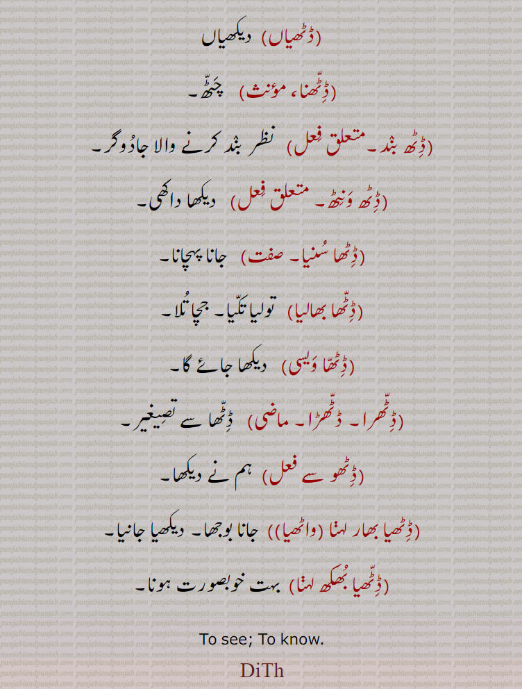  
ڈٹھ  , ,ڈٹھنا سے۔,ڈٹھنا۔,  دسنا۔دکھائی دینا۔ معلوم ہونا۔ ظاہر ہونا۔,ڈٹھ۔ ڈٹھ۔,,   ڈٹھنا سے۔ نظر ۔
 نظارہ۔,ڈٹھ۔ ڈٹھ۔,,  دیکھا ہوا۔دیکھا بھالا۔,ڈٹھا۔ ڈیکھن ,,  ڈسیا۔ ڈیکھیا۔ نظر آیا ہوا۔
,ڈھڑم۔ ڈٹھم,  میں نے دیکھا۔,ڈٹھڑے,   دیکھے۔ ڈٹھے۔
,ڈٹھن,   ڈٹھا ہوون۔ دیکھن۔ڈٹھوس,   دیکھیا ۔ اس نے دیکھا۔,ڈٹھی,   دیکھی۔
,ڈٹھیاں,  دیکھیاں,ڈٹھنا، ,,    چٹھ۔ڈٹھ بند,   نظر بند کرنے والا جادوگر۔
,ڈٹھ ونٹھ,   دیکھا داکھی۔ڈٹھا سنیا۔ ,,   جانا ہچانا۔,ڈٹھا بھالیا,   تولیا تکیا۔ جچا تلا۔ڈٹھا ویسی,   دیکھا جائے گا۔,ڈٹھرا۔ ڈٹھڑا۔ ماضی,   ڈٹھا ,ڈٹھو سے  ,  ہم نے دیکھا۔
,ڈٹھیا بھار لہنا ,واٹھیا,,  جانا بوجھا۔ دیکھیا جانیا۔,ڈٹھیا بھکھ لہنا,  بہت خوبصورت ہونا۔
To see; To know, DiTh, ਡਿੱਠ  