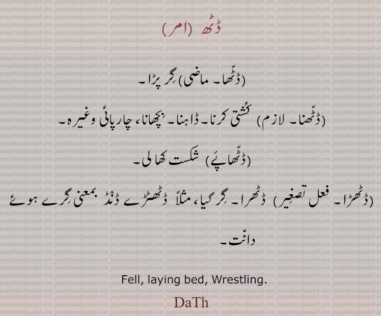 ڈٹھ  ,ڈٹھا,گرپڑا, ڈٹھنا,  کشتی کرنا۔ڈاہنا۔ بچھانا، چارائی وغیرہ,ڈٹھاپے,  شکست کھا لی,ڈٹھڑا, ڈٹھرا۔ گر گیا، مثلاً  ڈٹھٹڑے ڈنڈ  بمعنی گرے ہوئے دان٘ت,  Fell, laying bed, Wrestling, DaTh, ਡਠ