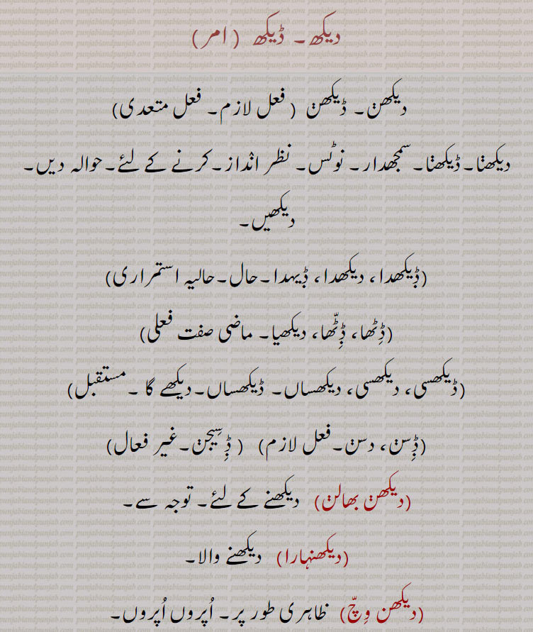 دیکھ۔ ڈیکھ  ,  دیکھن, ,ديکھنا۔ڈیکھنا۔سمجھدار۔ نوٹس۔ نظر انداز, ,ڋیکھدا، دیکھدا، ڋیہدا۔ , ڈٹھا، ڋٹھا، دیکھیا۔ , ,ڈیکھسی، دیکھسی، دیکھساں۔ ڈیکھساں,,,ڈسن، دسن,    ڈسیجن ,,دیکھن بھالن, ,دیکھنہارا,   دیکھنے والا, ,دیکھن وچ,   ظاہری طور ر۔ اروں اروں۔,دیکھن والی اکھ نہ ہونا,   رکھ کرنے کے لائق نہ ہونا۔
,دیکھ کے جیؤنا,   بہت یار ہونا۔,دیکھ ریکھ,  نگرانی۔ دیکھ بھال۔,دیکھ نہ سکھانا,  ساڑا کرنا۔ اچھا نہ لگنا۔
,To see, discern, notice, to refer, look (for, at or over), behold, observe, eye, scan, gaze, stare; to watch, look out; espy, search; to examine, inspect, survey; to view, visualise, consider, to notice, mark, seer, beholder; spectator,  to perceive, to find, to experience; to search, to seek; to feel; to try, to examine; to take care; to look for, to expect.,dekhia bhaalia hoia,Seen and tried,dekhia jaana,    To be seen; it will be seen,dekh de rahi jaana)   To gape in vain, to lose opportunity,dekha dekhi)  Seeing; knowing one by sight, a slight ac- quaintance, wekha wekhi.,Pre- sent participle: dekhda,Future: DekhsaaN,Past participle: DiTTha, dekh - Dekh,DiTha