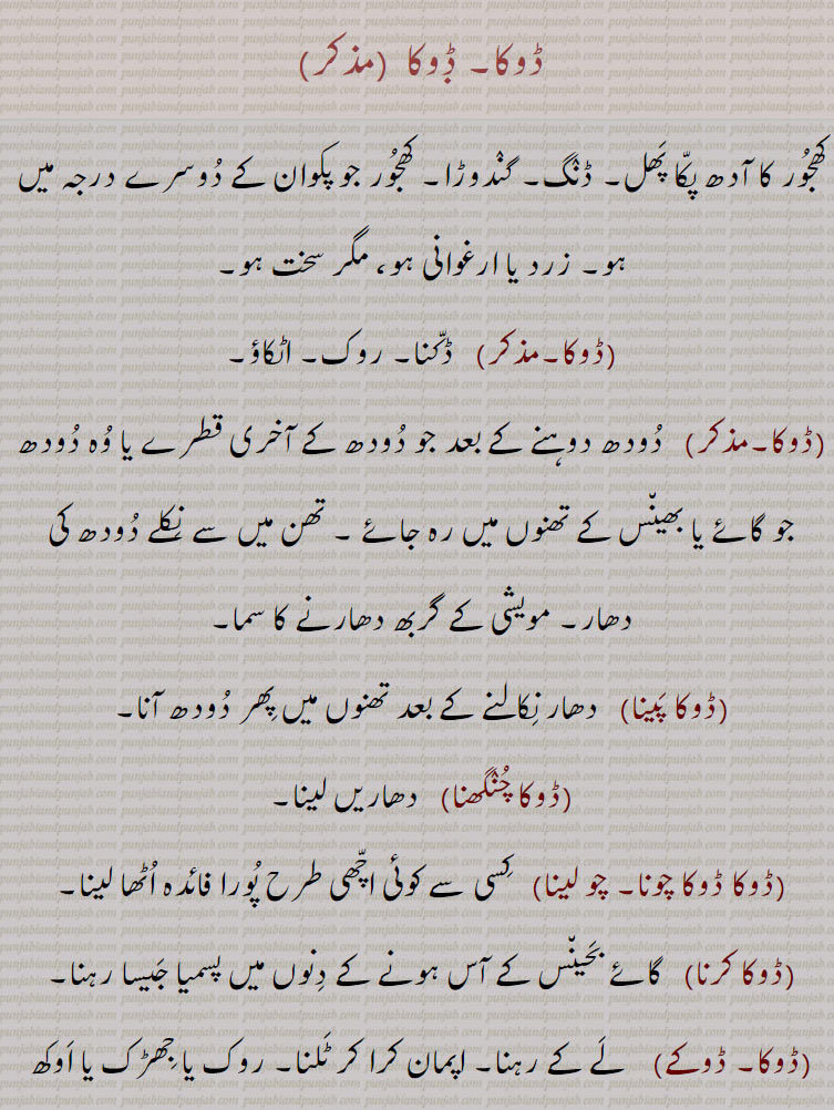  ڈوکا, سخت ہو,ڈکنا۔ روک۔ اٹکاؤ, دودھ دوہنے کے بعد جو دودھ کے آخری قطرے یا وہ دودھ جو گائے یا بھینس کے تھنوں میں رہ جائے ۔ تھن میں سے نکلے دودھ کی دھار۔ مویشی کے گربھ دھارنے کا سما, ڈوکا پینا,   دھار نکالنے کے بعد تھنوں میں پھر دودھ آنا,ڈوکا چنگھنا, دھاریں لینا,ڈوکا ڈوکا چونا, چو لینا,   کسی سے کوئی اچھی طرح پورا فائدہ اٹھا لینا,ڈوکا کرنا, گائے بحینس کے آس ہونے کے دنوں میں پسمیا جیسا رہنا,ڈوکا۔ ڈوکے,  لے کے رہنا۔ اپمان کرا کر ٹلنا۔ روک یا جھڑک یا اوکھ بغیر نہ مڑنا,ڈوکے لینا,   دھاریں لینا۔ کچھ پراپت کرنا,A stop, hindrance; milk remaining in a cow's teats after milking her; milk that remains in the teats before yielding or after milking; a date in the second stage of ripeness when it has become yellow or purple, and is still quite hard.,Doka or Doke lai ke rahina,    Not to return without some obstruction or reproach or suffering. Doka ,ਡੋਕਾ, 