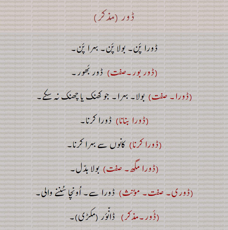 ڈور ,ڈورا پن, بولا پن, بہرا پن,ڈور بور,  ڈور بھور,ڈورا, بولا, بہرا, جو کھنک یا چھنک نہ سکے,ڈورا بنانا,ڈورا کرنا,ڈورا کرنا, کانوں سے بہرا کرنا,ڈورا مگھ, بولا بدل,ڈوری, ڈورا سے, اونچا سننے والی,ڈور,ڈانور  ,,ڈورا, ڈوہرا، بڑی ڈوہری,ڈوری, ڈوہری، حلوائی کی لکڑی کی ڈنڈی والی کٹوری,ڈورے لکھا گھننا,  سود پر روپیہ یا غلہ ادھار دینے پر اس کے عوض واپسی کے لیے دگنا تحریر کرا لینا,Dor,  Deafness,Dora,Deaf, Dora banawan, Dora karana,   To make deaf,Dora thiwana,  To be dull of hearing, deaf,Dora
 ਡੋਰਾ,ਬੋਲਾ