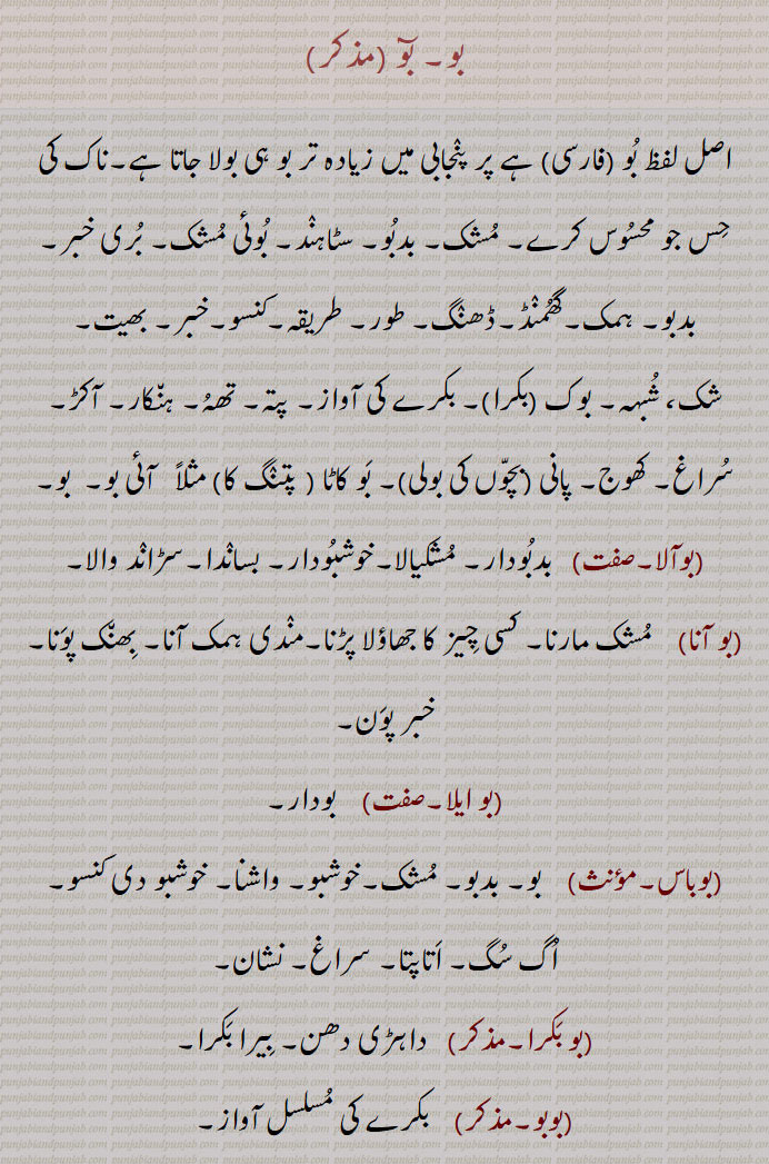  بو, مشک, بدبو,ہمک, بھیت, بوک, بکرے کی آواز, پانی , آئی بو,بوآلا,بساندا,بو آنا,بو ایلا,بوباس, واشنا,بو بکرا,بوبو,  بکرے کی مسلسل آواز,بوبو کرنا,بوبو ہوون,بو کاٹا,بوکاٹا کرنا,پتنگ کٹنے,بو کاٹا ہوونا,بو اڈاونا, بھانڈا پھوڑنا,بو اڈ جاونا,بو اڈنا,بوبلاں دا ماریا,بو پانا,بو پھیل جاونا, بو پھیلنا,بو کھلرنا,بو تے لگنا,بو چھڈ دیون,بو چھڈنا,بو خوشبو,بو دار,بو دیونا,بو کڈھنا,بو مارنا,بو مزاج تیاگنا, غرور چھوڑ دینا,بونکل جاونا,بو نکلنا,بو ہوونا, آکڑ ہونا,سڑاند ہونا, Smell, odour especially foul or offensive, bo nikal jaani,bo,  ਬੋ