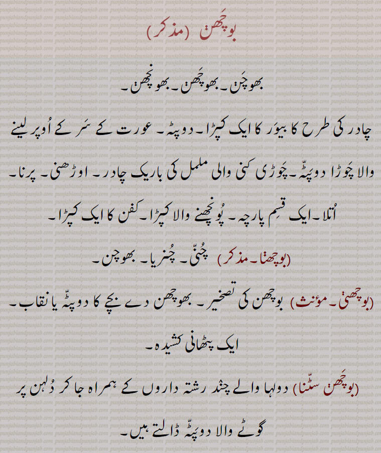    بوچھن ,بھوچن,بھوچھن,بھونچھن, bochhan, ਭੋਛਣ, bhochhani, ਭੋਛਣੀ,بوچھن پیراں تے سٹن,بوچھن سٹنا,بوچھنی,بوچھنا,  dopata,دوپٹہ