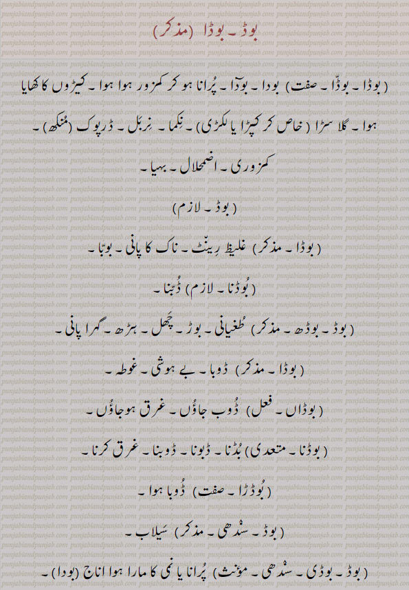   بوڈ, بوڈا, بوڈی ,بوڈنا,boD, ਬੋਡ, boDa, ਬੋਡਾ,  ,بودا  ناک کا پانی  نکما , گلا سڑ,اطغیانی , ڈوبنا, ایک گیت بہاولپوری,