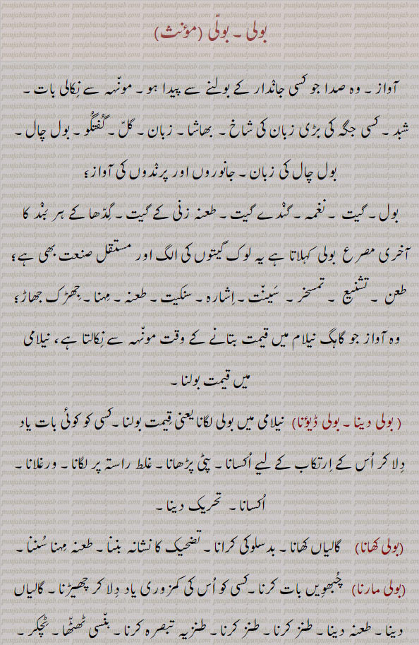 بولی,بولی دینا,بولی ڈیونا,بولی کھانا,بولی مارنا
,بولی لاؤنا,بولی ٹھولی,بولی ٹھٹھولی,بولی باز,بولی بلنا,بولی بولنا,بولی پانا,بولی تے آؤنا,بولی ٹٹنا,بولی چڑھنا,بولی چکنا,بولی ڈگنا,بولی کھا جانا,بولی کے آکھنا
,بولی گھننا,بولی ویاہنا,بولی پگانا,بولیاں بولنا,بولیاں پانا,غلط بوہلی ،ارنا,بولیاں ٹھٹھولیاں مارنا,بولیاں سنانا,بولیاں کڈھنا,بولیاں مارنا,بولیاں سننا,بولیا چلیا معاف کرنا,bolli,boli, bollee, ਬੋੱਲੀ ,