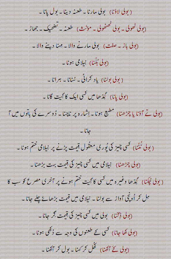 بولی,بولی دینا,بولی ڈیونا,بولی کھانا,بولی مارنا
,بولی لاؤنا,بولی ٹھولی,بولی ٹھٹھولی,بولی باز,بولی بلنا,بولی بولنا,بولی پانا,بولی تے آؤنا,بولی ٹٹنا,بولی چڑھنا,بولی چکنا,بولی ڈگنا,بولی کھا جانا,بولی کے آکھنا
,بولی گھننا,بولی ویاہنا,بولی پگانا,بولیاں بولنا,بولیاں پانا,غلط بوہلی ،ارنا,بولیاں ٹھٹھولیاں مارنا,بولیاں سنانا,بولیاں کڈھنا,بولیاں مارنا,بولیاں سننا,بولیا چلیا معاف کرنا,bolli,boli, bollee, ਬੋੱਲੀ ,