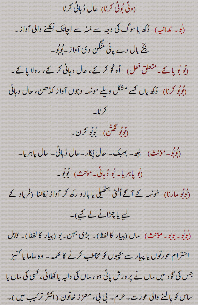  بو , بو,ابو , بوآ, پھوپھی,بوجی,لڑکی, مہک,خوشبو,بوآلا,بوباس,بوئی, بوئیں, بونئیں,بوئی تری والا,بوئی بوئی,وئی بوئی کرنا,بو بو پا کے,بوبو کرنا,بوبو گھتن,بوبو,بو پاہریا, بو دہائی,بوبو مارنا),بوبو,بوبو/بوبو بھلی پینا,بوبی, بوبے,بوا,بوآ,بوا,بون,بویا,بو اڈاون,بھیت بتانا, بوآ بھتریئی ہّا، لوک پرایا پھکا, بو,boo, ਬੂ  , boo, booa,Booji,boo boo, bobo, ਬੋਬੋ,ਬੂਬੂ,booa, boowa, ਬੂਆ,bhoa, ਭੂਆ,bo bo ,  