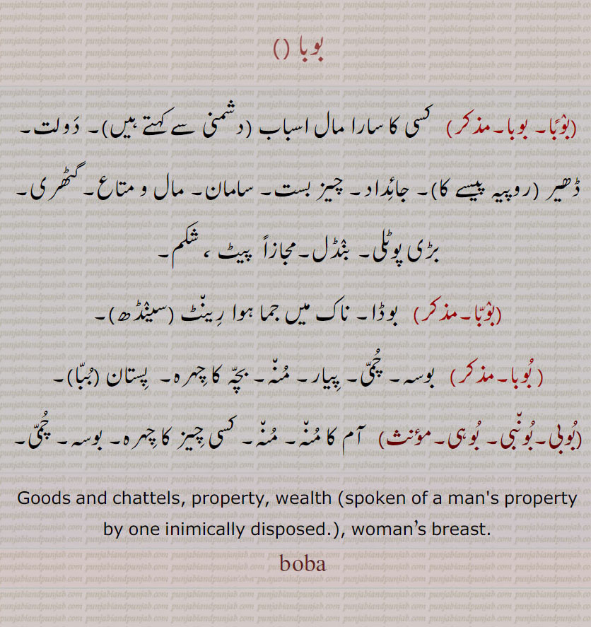 booba ,boba, bobba , ਬੋਬਾ, ਬੋਬਾੱ , بوبا ,,بوبی,بونبی, بوہی,بوبا, کسی کا سارا مال اسباب (دشمنی سے کہتے ہیں)۔ دَولت۔ ڈھیر (روپیہ پیسے کا)۔ جائِداد۔ چیز بست۔ سامان۔ مال و متاع۔گٹھری۔ بڑی پوٹلی۔ بنٛڈل۔مجازاً  پیٹ ، شکم۔,بوٛبّا۔ بوڈا۔ ناک میں جما ہوا رِین٘ٹ ۔سینٛڈھ۔ بُوبا۔ بوسہ۔ چُمّی۔ پِیار۔ مُن٘ہ۔ بچّہ کا چِہرہ۔  پِستان ۔بُبّا ۔بُوبی۔بُون٘بی۔ بُوہی۔ آم کا مُن٘ہ۔ مُن٘ہ۔ کسی چِیز کا چِہرہ۔ بوسہ۔ چُمّی۔, Goods and chattels, property, wealth (spoken of a man's property by one inimically disposed.), woman’s breast. ,