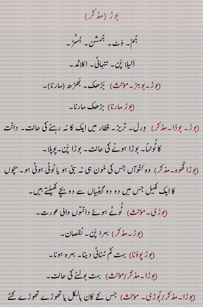  بوڑ, بوڈا ,بوڑنا, بوڑا کھوہ, بوڑی, بوڑیا , بوڑما, bora,ਬੋਡ਼ਾ, ਬੋਹਡ਼, ਬੋੜ, ਬੋੜਾ, ਬੋੜਮਾ, bor, بوڑ , ہم, وٹ, ہمشن, ہسڑ,,اکیلا پن, تنہائی, اکلاند,,بوڑ,بوہڑ,,  بڑھک, بھڑھ ,مارنا,,بوڑ مارنا, بڑھک مارنا,,بوڑ, بوڈا,,  ورل, تریڑ, قطار میں ایک کا نہ رہنے کی حالت, دانت کا ٹوٹنا, بوڑا ہونے کی حالت, بوڑا پن,پوپلا,
,بوڑا کھوہ,, وہ کنوآں جس کی مون ہی نہ بنی ہو یا ٹوٹی ہوئی ہو, بچوں کا ایک کھیل جس میں دو دو گیٹیاں سے دو بچے کھیلتے ہیں,,بوڑی,,  ٹوٹے ہوئے دانتوں والی عورت,
,بوڑ,, بہرا پن, نقصان,,بوڑ پوونا, بہت کم سنائی دینا, بہرہ ہونا,,بوڑا,,  بہت بولنے کی حالت,,بوڑا,/ بوڑی, , جس کے کان بالکل یا تھوڑے تھوڑے کٹے ہوئے ہوں,جس کا ناک بندھا ہوا ہے, تریڑ کھایا ہوا مٹی کا برتن, ببر, بوڑا, جس کا گردن سے گلا نہ ہو ,گھڑا وغیرہ, دیوانہ, پاگل,,بوڑیا,, رہٹ کی چکلی کے ساتھ مل کر گھومنے والا ڈھول,,بوڑ,, پکا گوشت,,بوڑ,سندھی,,  سالن,,بوڑ,, غرقابی, غشی, طغیانی, بوڈ,,بوڑ مرنا, ڈوب کر مر جانا,,بوڑا,,  غوطہ, ڈوبا, ایک مرتبہ قلم کو دوات میں ڈبونا,بولا ,ڈورا, بہرا,ایک شبزی کی پھلی, کنول وغیرہ کا ڈوڈا,,بوڑ, امر,  بوڑنا سے,,بوڑ پوونا,  غشی آنا,,بوڑما,, ڈوبواں سے,  گھی میں تل کر یا ملا کر بنایا ہوا,گھی میں تل کر بنایا ہوا ایک قسم کا پروٹھا,,بوڑ, ہندی,, زمین پر پھیلنے والی بوٹی یا دیوار وغیرہ پر چڑھنے والا پودا, بیل,,بوڑی, زمین کا ناپ, کوڑی کا بیسواں حصہ,,بوڑیا,,  دانتوں والے پہیئے کا دںد, رہٹ کی چکلی کا پرزہ, بوڑا, دند بوڑا,بڑھاپا,,بوڑنا,ہندی,متعدی, بڈنا سے, ڈوبنا,غرق ہونا, غوطہ کھانا, غوطہ لگانا, پوڑھنا, چقبھنا, برباد کرنا, بے قابو کرنا, غوطہ دے کر تر کرنا,,بوڑ,صفت, مورکھ, بدّھو,
Cooked meat, pottage; toothlessness, toothless or partly toothless mouth; to sink; a break, a crack ,in a vessel, removing one of a series or a row so as to make a deficiency; loss, defect, injury ,of teeth; broken ,a tooth; one whose tooth is broken; an earthen vessel which has its upper part broken.,boRa, ਬੋਡ਼ਾ a. Broken ,a tooth;  one whose tooth is broken; an earthen vessel which has its upper part broken.,booRa, ਬੂਡ਼ਾ   Having no ears, having the ears cut off entirely or partially; one whose ears are mutilated; one whose nose is bored.,booRi,  ਬੂਡ਼ੀ  Having no ears, having the ears cut off entirely or partially; one whose ears are mutilated; one whose nose is bored.boR  , ਬੋਰ