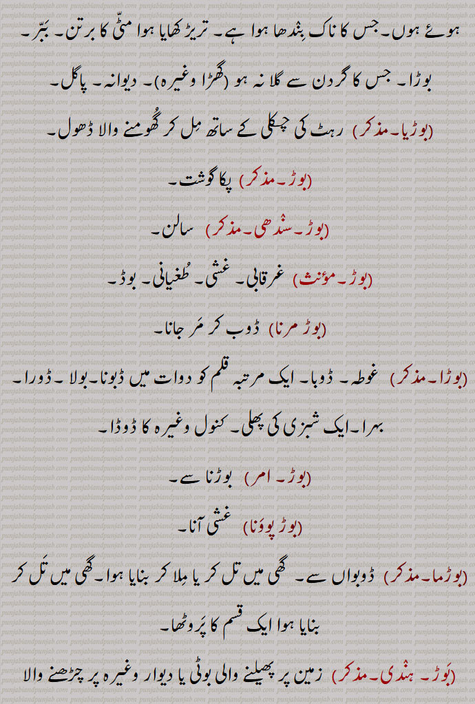  بوڑ, بوڈا ,بوڑنا, بوڑا کھوہ, بوڑی, بوڑیا , بوڑما, bora,ਬੋਡ਼ਾ, ਬੋਹਡ਼, ਬੋੜ, ਬੋੜਾ, ਬੋੜਮਾ, bor, بوڑ , ہم, وٹ, ہمشن, ہسڑ,,اکیلا پن, تنہائی, اکلاند,,بوڑ,بوہڑ,,  بڑھک, بھڑھ ,مارنا,,بوڑ مارنا, بڑھک مارنا,,بوڑ, بوڈا,,  ورل, تریڑ, قطار میں ایک کا نہ رہنے کی حالت, دانت کا ٹوٹنا, بوڑا ہونے کی حالت, بوڑا پن,پوپلا,
,بوڑا کھوہ,, وہ کنوآں جس کی مون ہی نہ بنی ہو یا ٹوٹی ہوئی ہو, بچوں کا ایک کھیل جس میں دو دو گیٹیاں سے دو بچے کھیلتے ہیں,,بوڑی,,  ٹوٹے ہوئے دانتوں والی عورت,
,بوڑ,, بہرا پن, نقصان,,بوڑ پوونا, بہت کم سنائی دینا, بہرہ ہونا,,بوڑا,,  بہت بولنے کی حالت,,بوڑا,/ بوڑی, , جس کے کان بالکل یا تھوڑے تھوڑے کٹے ہوئے ہوں,جس کا ناک بندھا ہوا ہے, تریڑ کھایا ہوا مٹی کا برتن, ببر, بوڑا, جس کا گردن سے گلا نہ ہو ,گھڑا وغیرہ, دیوانہ, پاگل,,بوڑیا,, رہٹ کی چکلی کے ساتھ مل کر گھومنے والا ڈھول,,بوڑ,, پکا گوشت,,بوڑ,سندھی,,  سالن,,بوڑ,, غرقابی, غشی, طغیانی, بوڈ,,بوڑ مرنا, ڈوب کر مر جانا,,بوڑا,,  غوطہ, ڈوبا, ایک مرتبہ قلم کو دوات میں ڈبونا,بولا ,ڈورا, بہرا,ایک شبزی کی پھلی, کنول وغیرہ کا ڈوڈا,,بوڑ, امر,  بوڑنا سے,,بوڑ پوونا,  غشی آنا,,بوڑما,, ڈوبواں سے,  گھی میں تل کر یا ملا کر بنایا ہوا,گھی میں تل کر بنایا ہوا ایک قسم کا پروٹھا,,بوڑ, ہندی,, زمین پر پھیلنے والی بوٹی یا دیوار وغیرہ پر چڑھنے والا پودا, بیل,,بوڑی, زمین کا ناپ, کوڑی کا بیسواں حصہ,,بوڑیا,,  دانتوں والے پہیئے کا دںد, رہٹ کی چکلی کا پرزہ, بوڑا, دند بوڑا,بڑھاپا,,بوڑنا,ہندی,متعدی, بڈنا سے, ڈوبنا,غرق ہونا, غوطہ کھانا, غوطہ لگانا, پوڑھنا, چقبھنا, برباد کرنا, بے قابو کرنا, غوطہ دے کر تر کرنا,,بوڑ,صفت, مورکھ, بدّھو,
Cooked meat, pottage; toothlessness, toothless or partly toothless mouth; to sink; a break, a crack ,in a vessel, removing one of a series or a row so as to make a deficiency; loss, defect, injury ,of teeth; broken ,a tooth; one whose tooth is broken; an earthen vessel which has its upper part broken.,boRa, ਬੋਡ਼ਾ a. Broken ,a tooth;  one whose tooth is broken; an earthen vessel which has its upper part broken.,booRa, ਬੂਡ਼ਾ   Having no ears, having the ears cut off entirely or partially; one whose ears are mutilated; one whose nose is bored.,booRi,  ਬੂਡ਼ੀ  Having no ears, having the ears cut off entirely or partially; one whose ears are mutilated; one whose nose is bored.boR  , ਬੋਰ