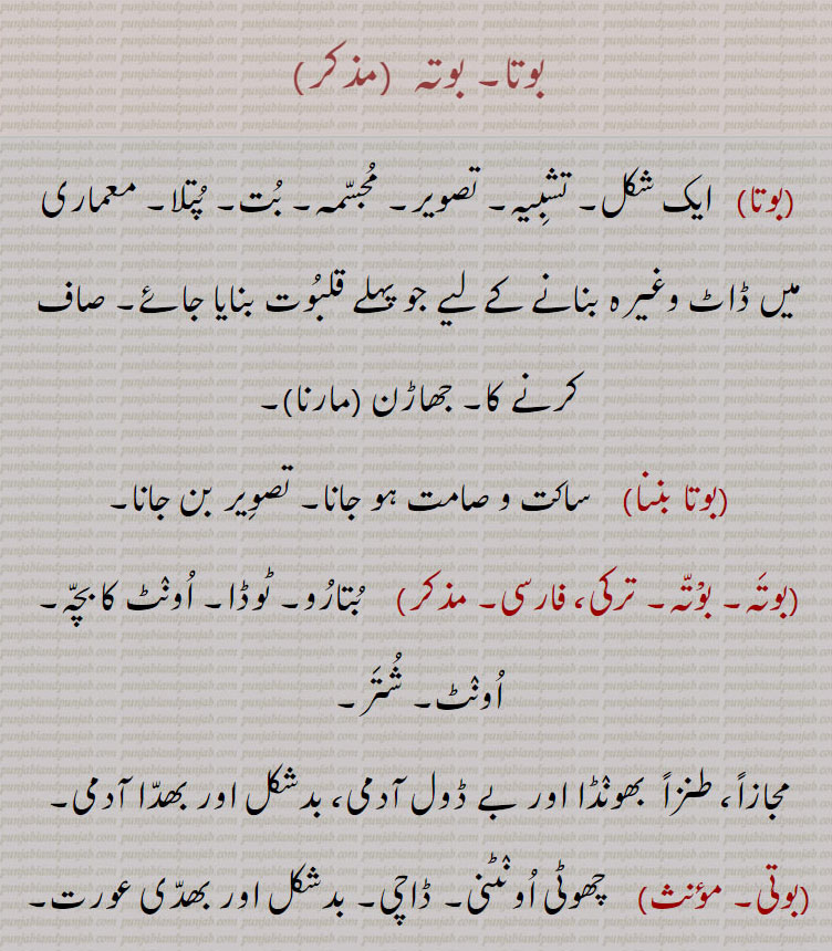  بوتا, بوتہ  ,بوتا   ایک شکل, تشبیہ, تصویر, مجسمہ, بت, پتلا, معماری میں ڈاٹ وغیرہ بنانے کے لیے جو پہلے قلبوت بنایا جائے, صاف کرنے کا, جھاڑن مارنا,,بوتا بننا    ساکت و صامت ہو جانا, تصویر بن جانا,,بوتہ, بوْتہ, ترکی، فارسی,     بتارو, ٹوڈا, اونٹ کا بچہ, اونٹ, شتر,,مجازاً، طنزاً  بھونڈا اور بے ڈول آدمی، بدشکل اور بھدا آدمی,
بوتی,     چھوٹی اونٹنی, ڈاچی, بدشکل اور بھدی عورت,,بوتے   آگ کی مخلوق, جن, بھوت وغیرہ,,بوتے دا بلھ ثابت/ سدھا ہونا    کسی نہ ہونے والی بات کے غلط طور ہر ہوجانے کی امید لیے ہونا جو آخر کار پوری ہو نہ سکے,جیسے کہ کتے نے سمجھا تھا کہ گدھے کا نچلا لب گر جائے تو وہ کھائے گا کیا,,بوتا,     بتا دھوکا، فریب, بل, قوت, طاقت, زور,,مقدور, بس, قابو, مقدرت,,سہارا, آسرا, حمایت,,A figure, likeness of any thing in any material, image, idol, Scaffolding of arch, cinter young he camel. بوتا,بوتہ,بوتے,,bota,boota ,ਬੋਤਾ 