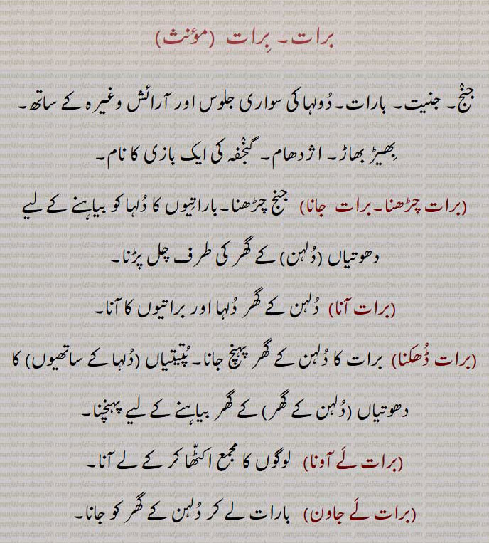  برات,برات نامہ,تنخواہ,وظیفے ,برات خور,براتی, پنشنر,پنشن,braat,baraat naamah, Salary , stipend , pension,baraat-khor, baraati,baraat khor, baraati, pensioner,baraat,b'raat,baraat,برات,جنج, جنیت, بارات,برات چڑھنا,برات  جانا, جنج چڑھنا,برات آنا,برات ڈھکنا,برات لے آونا,برات لے جاون,براتاں,براتی,باراتی,جانجی,جنیتی,براتیا, جانجی,براتا, رنگیا ہویا,برات, قسمت, نصیب, بھاگ,حصہ,جاگیر, زمین, سوغات, خلعت, تحفہ,برات دا ماریا,قسمت کا مارا ہوا,بدنصیب,برات دا ماریا ہونا,نصیب,برات دا مہار چانا),روٹی پانی اٹھ جانا, تنگی آنا,برات والا,قسمت والا,خوش نصیب,Part, lot, share; luck, lucky, land,gift, destiny,braat da maariya,Unlucky,braat wala,  Lucky,braat , ਬਰਾਤ,A bridegroom's wedding party; marriage party, the name of one game of  gunjaffa's baazi,braati,  ਬਰਾਤੀ,One of a wedding party,braat chaRhna, braat jana,braataaN,braatiya,jaNj,braat, ਬਰਾਤ , ਜੰਞ,,  
