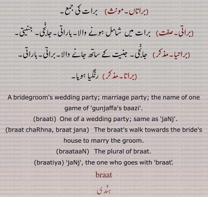  برات,برات نامہ,تنخواہ,وظیفے ,برات خور,براتی, پنشنر,پنشن,braat,baraat naamah, Salary , stipend , pension,baraat-khor, baraati,baraat khor, baraati, pensioner,baraat,b'raat,baraat,برات,جنج, جنیت, بارات,برات چڑھنا,برات  جانا, جنج چڑھنا,برات آنا,برات ڈھکنا,برات لے آونا,برات لے جاون,براتاں,براتی,باراتی,جانجی,جنیتی,براتیا, جانجی,براتا, رنگیا ہویا,برات, قسمت, نصیب, بھاگ,حصہ,جاگیر, زمین, سوغات, خلعت, تحفہ,برات دا ماریا,قسمت کا مارا ہوا,بدنصیب,برات دا ماریا ہونا,نصیب,برات دا مہار چانا),روٹی پانی اٹھ جانا, تنگی آنا,برات والا,قسمت والا,خوش نصیب,Part, lot, share; luck, lucky, land,gift, destiny,braat da maariya,Unlucky,braat wala,  Lucky,braat , ਬਰਾਤ,A bridegroom's wedding party; marriage party, the name of one game of  gunjaffa's baazi,braati,  ਬਰਾਤੀ,One of a wedding party,braat chaRhna, braat jana,braataaN,braatiya,jaNj,braat, ਬਰਾਤ , ਜੰਞ,,  