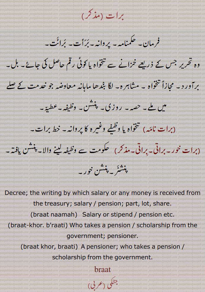  برات,برات نامہ,تنخواہ,وظیفے ,برات خور,براتی, پنشنر,پنشن,braat,baraat naamah, Salary , stipend , pension,baraat-khor, baraati,baraat khor, baraati, pensioner,baraat,b'raat,baraat,برات,جنج, جنیت, بارات,برات چڑھنا,برات  جانا, جنج چڑھنا,برات آنا,برات ڈھکنا,برات لے آونا,برات لے جاون,براتاں,براتی,باراتی,جانجی,جنیتی,براتیا, جانجی,براتا, رنگیا ہویا,برات, قسمت, نصیب, بھاگ,حصہ,جاگیر, زمین, سوغات, خلعت, تحفہ,برات دا ماریا,قسمت کا مارا ہوا,بدنصیب,برات دا ماریا ہونا,نصیب,برات دا مہار چانا),روٹی پانی اٹھ جانا, تنگی آنا,برات والا,قسمت والا,خوش نصیب,Part, lot, share; luck, lucky, land,gift, destiny,braat da maariya,Unlucky,braat wala,  Lucky,braat , ਬਰਾਤ,A bridegroom's wedding party; marriage party, the name of one game of  gunjaffa's baazi,braati,  ਬਰਾਤੀ,One of a wedding party,braat chaRhna, braat jana,braataaN,braatiya,jaNj,braat, ਬਰਾਤ , ਜੰਞ,,  