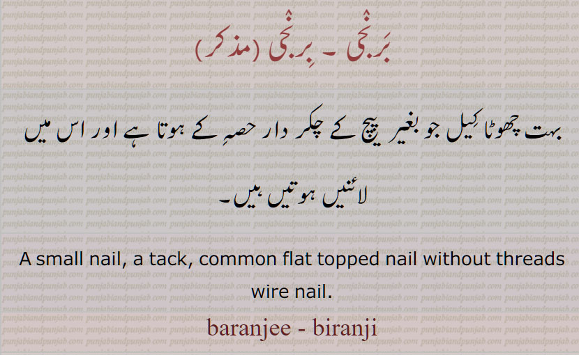 baranji,branji,baranjee, biranjee, baranji,ਬਰੰਜੀ ,A small nail, a tack, common flat topped nail without threads wire nail., برنجی, بہت چھوٹا کیل, میخ