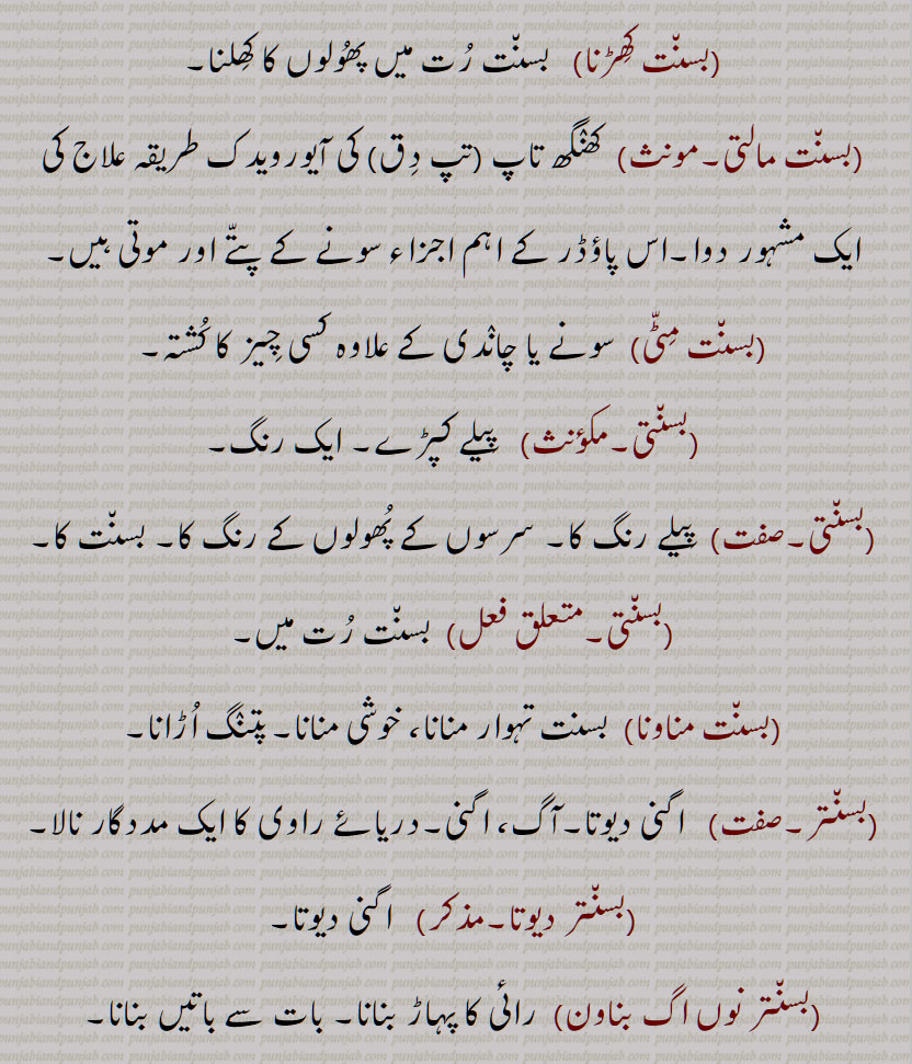 بسنت, وسنت  ,  بسنت پنجمی, بسنت پنچمی, بسنت پنچمیں, بسنت پنچویں  ,, بسنت پُھلنا۔بسنت پُھل جاون, بسنت رُت, بسنت کور , بسنت کھڑنا, بسنت مالتی, بسنت مٹی, بسنتی, بسنت مناونا, بسنتر, بسنتر دیوتا, بسنتر نوں اگ بناون ,bsaNt, bsaNt rutt, bsaNt pnulna, bsaNti, bsaNt maalti, bsaNtar, ਬਸੰਤ, ਬਸੰਤ੍ਰ , ਬਸੰਤੀ , ਬਸੰਤ ਮਾਲਤੀ, basant,ਵਸੰਤ, ,  