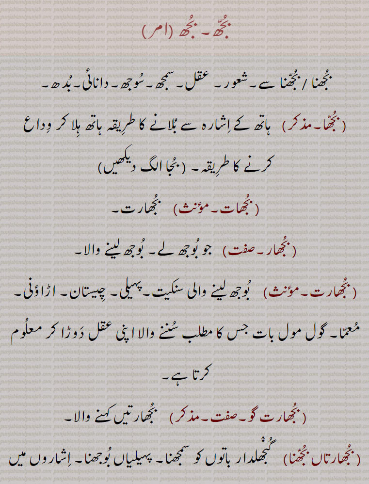   bujh,بجھ, ਬੂਝ, ਬੁਝਣਾ,بجھ, بجھ .بجھنا , بجھنا سے,شعور, عقل,سمجھ,سوجھ,دانائی,بدھ, بجھا.  ہاتھ کے اشارہ سے بلانے کا طریقہ ہاتھ ہلا کر وداع کرنے کا طریقہ, بجھات,  بجھارت, بجھار,  جو بوجھ لے, بوجھ لینے والا,.. بجھارت.  بوجھ لینے والی سنکیت,پہیلی, چیستان, اڑاؤنی, معما, گول مول بات جس کا مطلب سننے والا اپنی عقل دوڑا کر معلوم کرتا ہے, بجھارت گو,  بجھارتیں کہنے والا, بجھارتاں بجھنا,  گنجھلدار باتوں کو سمجھنا, پہیلیاں بوجھنا, اشاروں میں بات سمجھنا, بجھارتاں پانا,   سیدھی طرح بات نہ کرنا, ول پیچ ڈال کر باتیں کرنا, بجھارتھ,  بھجارت, بجھارت, بجھارن,  بجھاری سے۔ بوجھ لینے والی عورت, بجھاری,  بجھار۔ جو سمجھ جائے۔ بوجھ لینے والا آدمی, بجھاکل,  بوجھنے والا, سمجھ والا, بجھاکو, بجھاکل, بجھانا,سمجھانا, بجھانت,بجھاوت,   بجھارت, بجھاونا,بجھانا, بجھاونی,   بجھارن, بجھکا,  بجھارت۔معمہ,بجھکڑ,  گتھی سلجھانے والا۔ بوجھنے والا۔ معمہ باز۔عقلمند۔ مثلاً  بوجھ بجھکڑ بمعنی سیدھا سادھا / سادہ۔ بیوقوف (طنزاً), بجھنا۔بجھڽا,  بجھنا  سمجھنا۔ پہچاننا۔ جان لینا۔ معلوم کرنا۔ سمجھنا۔ پہیلی وغیرہ کا جواب بتانا یا معلوم کرنا,حل کرنا, سننا, سنائی دینا,بجھن ہار,بجھن,  بوجھ لینے والا,بجھواؤنا,  بوجھوانا,معمہ حل کروانا,بجھوڑ, بجھارت, بجھ, بجھنا سے۔آگ یا روشنی کا ختم ہونا, بجھ بجھ جانا,   دل گھٹنا, ڈھہندیاں کلاں چ جانا, بجھدے دیوے دی لاٹ بننا,   دن بدن کمزور ہوتے چلے جانا۔ نگھر دے جانا۔ ڈھہندیاں کلاں ول جانا, بجھار, بجھانے والا , بجھانا,  دیوا بسمانا یعنی جلتے نہ رہنے دینا۔ لاٹ یا کسی اور شے کی گرمی کو ٹھنڈا کرنا, پیاس مٹانا, حسرت پوری کرنا, حوصلہ توڑنا, زبوں حال کرنا, آب چڑھانا, غصہ ٹھنڈا کرنا, چونا پانی میں ڈال کر نرم کرنا, زہر آلود کروانا, پہیلی حل کرانا, بجھاؤڽا,  بجھانا,بجھڑا,  بجھا, افسردہ۔جس میں کوئی خواہش نہ ہو, پریشان, بگڑا ہوا, تباہ, خستہ, زبوں, بجھنا,بجھنا,  پسمنا  دیوا , لاٹ یا کسی اور چیز کی گرمی ختم ہو جانا, ہمت ہارنا, حوصلہ نہ رہنا, افسردہ ہونا, اداس ہونا, زبوں حال ہونا, آب چڑھنا,پیاس  سیری ہونا, تشنگی ختم ہونا,پہیلی حل کرنا, زہر آلود ہونا,چونا  پانی میں ڈال کر نرم ہو جانا, بجھوں بجھوں کرنا,  مرنے کے قریب ہونا, ختم ہونے کو آنا,بجھونا,  بجھانا, بجھیا بجھیا, اداس, Understanding, discretion, wisdom; to extinguish,bhujana, bujhauna, To extinguish,  to go off or out; be extinguished, put out,  to be quenched,bujh,bujjh,bujhh