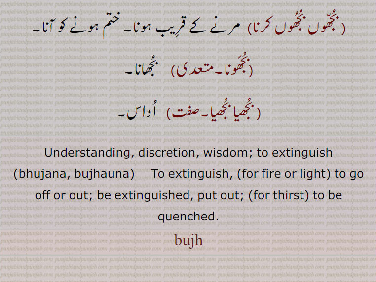   bujh,بجھ, ਬੂਝ, ਬੁਝਣਾ,بجھ, بجھ .بجھنا , بجھنا سے,شعور, عقل,سمجھ,سوجھ,دانائی,بدھ, بجھا.  ہاتھ کے اشارہ سے بلانے کا طریقہ ہاتھ ہلا کر وداع کرنے کا طریقہ, بجھات,  بجھارت, بجھار,  جو بوجھ لے, بوجھ لینے والا,.. بجھارت.  بوجھ لینے والی سنکیت,پہیلی, چیستان, اڑاؤنی, معما, گول مول بات جس کا مطلب سننے والا اپنی عقل دوڑا کر معلوم کرتا ہے, بجھارت گو,  بجھارتیں کہنے والا, بجھارتاں بجھنا,  گنجھلدار باتوں کو سمجھنا, پہیلیاں بوجھنا, اشاروں میں بات سمجھنا, بجھارتاں پانا,   سیدھی طرح بات نہ کرنا, ول پیچ ڈال کر باتیں کرنا, بجھارتھ,  بھجارت, بجھارت, بجھارن,  بجھاری سے۔ بوجھ لینے والی عورت, بجھاری,  بجھار۔ جو سمجھ جائے۔ بوجھ لینے والا آدمی, بجھاکل,  بوجھنے والا, سمجھ والا, بجھاکو, بجھاکل, بجھانا,سمجھانا, بجھانت,بجھاوت,   بجھارت, بجھاونا,بجھانا, بجھاونی,   بجھارن, بجھکا,  بجھارت۔معمہ,بجھکڑ,  گتھی سلجھانے والا۔ بوجھنے والا۔ معمہ باز۔عقلمند۔ مثلاً  بوجھ بجھکڑ بمعنی سیدھا سادھا / سادہ۔ بیوقوف (طنزاً), بجھنا۔بجھڽا,  بجھنا  سمجھنا۔ پہچاننا۔ جان لینا۔ معلوم کرنا۔ سمجھنا۔ پہیلی وغیرہ کا جواب بتانا یا معلوم کرنا,حل کرنا, سننا, سنائی دینا,بجھن ہار,بجھن,  بوجھ لینے والا,بجھواؤنا,  بوجھوانا,معمہ حل کروانا,بجھوڑ, بجھارت, بجھ, بجھنا سے۔آگ یا روشنی کا ختم ہونا, بجھ بجھ جانا,   دل گھٹنا, ڈھہندیاں کلاں چ جانا, بجھدے دیوے دی لاٹ بننا,   دن بدن کمزور ہوتے چلے جانا۔ نگھر دے جانا۔ ڈھہندیاں کلاں ول جانا, بجھار, بجھانے والا , بجھانا,  دیوا بسمانا یعنی جلتے نہ رہنے دینا۔ لاٹ یا کسی اور شے کی گرمی کو ٹھنڈا کرنا, پیاس مٹانا, حسرت پوری کرنا, حوصلہ توڑنا, زبوں حال کرنا, آب چڑھانا, غصہ ٹھنڈا کرنا, چونا پانی میں ڈال کر نرم کرنا, زہر آلود کروانا, پہیلی حل کرانا, بجھاؤڽا,  بجھانا,بجھڑا,  بجھا, افسردہ۔جس میں کوئی خواہش نہ ہو, پریشان, بگڑا ہوا, تباہ, خستہ, زبوں, بجھنا,بجھنا,  پسمنا  دیوا , لاٹ یا کسی اور چیز کی گرمی ختم ہو جانا, ہمت ہارنا, حوصلہ نہ رہنا, افسردہ ہونا, اداس ہونا, زبوں حال ہونا, آب چڑھنا,پیاس  سیری ہونا, تشنگی ختم ہونا,پہیلی حل کرنا, زہر آلود ہونا,چونا  پانی میں ڈال کر نرم ہو جانا, بجھوں بجھوں کرنا,  مرنے کے قریب ہونا, ختم ہونے کو آنا,بجھونا,  بجھانا, بجھیا بجھیا, اداس, Understanding, discretion, wisdom; to extinguish,bhujana, bujhauna, To extinguish,  to go off or out; be extinguished, put out,  to be quenched,bujh,bujjh,bujhh