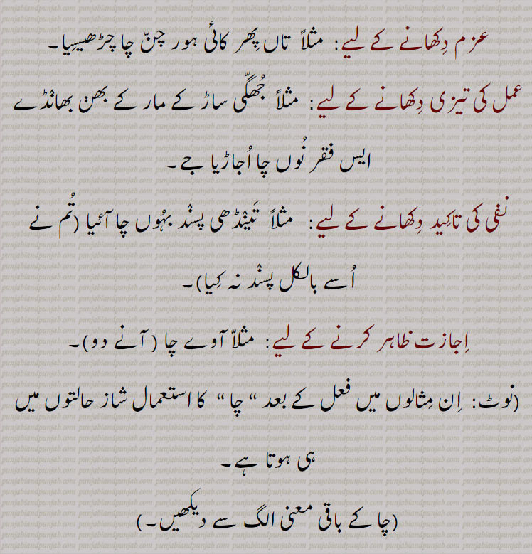   ch, cha,اکثر افعال کے آخر میں مستعمل ہے، جہاں واحد حاضر کے لیے کوئی کام ہوتا ہے جو مستقبل میں انجام دینا ہوتا ہے مثلاً اوہنوں آکھیں چا, میرا سنیہا دیویں سو چا, رکھ چا (رکھ دو), مثلاً سر تے چا لینا بمعنی بہت عزت کرنا, رب یا موت نے چا لینا بمعنی مر جانا,امدادی فعل : مثلاً اہ کم کر چا یعنی کام کرلے, التجا, تاکید, اصرار کے لیے بولتے ہیں,تکمیل فعل دکھانے کے لیے:  مثلاً تدھ ملک چا سٹا ( تو نے ملک چھوڑ دیا), ہک کھوتا چا گھدا  ( گدھا خرید لائے),ترغیب دکھانے کے لیے:  مثلاً سوٹی چا  گھنے (چھڑی لے لینے دو), ہک گیٹی چا دے, ساڈے کول وی آن کے چا بیٹھو,عزم دکھانے کے لیے:  مثلاً  تاں پھر کائی ہور چن چا چڑھیسیا,عمل کی تیزی دکھانے کے لیے:  مثلاً  جھگی ساڑ کے مار کے بھڽ بھانڈے ایس فقر نوں چا اجاڑیا جے,نفی کی تاکید دکھانے کے لیے:   مثلاً  تینڈھی پسند بہوں چا آئیا (تم نے اسے بالکل پسند نہ کیا),اجازت ظاہر کرنے کے لیے:  مثلا آوے چا ( آنے دو),It is generally used as prefix before some verbs.cha,ਚਾ  