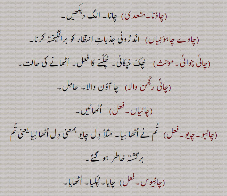 اُٹھایا, چایا, چُکّیا,چاتم, مَیں چاتا,چانا,   چَوٛنا یا چاپنا سے (دیکھو چَینا) = چُکنا= چاؤنا,اُٹھانا,پروانٛگی دینا, اختیار کرنا, سن٘بھالنا, مانع نہ ہونا,کسی کو خراب کام پر اُبھارنا,قُدرت کا نباتات اُگانا, خود اُگنا، مثلاً جنٛگل بیلے سبزی چائی,ذمہ داری اُٹھانا, بوجھ سہارنا, چاوَنا,چانا,چانا بھانا,اُٹھا بِٹھانا, آنے جانے والے کا خیال رکھنا, مال ڈنٛگر کے اُٹھنے بیٹھنے کا دھیان رکھنا,چانا چوانا,چُکنا چُکانا, اُکسانا,چانٛدی, اُٹھا لائی,چانٛدی,چاواں, چُکّواں, جو اُٹھایا جاسکے,چاواں چُلّھا, وہ چُلھا جِس کو اُٹھا کر انٛدر یا باہر لے جایا جا سکے,وہ آدمی جو ٹِکوِیں طبعیت یا پُختہ رائے والا نہ ہو,چاوَاں لاوَنا, بھڑکانا, اِشتعال دِلانا,چاوَنا, چُکّنا,اُٹھانا,چانا,چھوڑنا, دینا, مثلاّ رکھن چاوَنا بمعنی رکھ دینا,چاؤنا,چانا,چاوے چاہوَنِیاں,انٛدرُونی جذباتِ انتظار کو برانٛگیختہ کرنا,چائی چوائی, چُکّ چُکائی, چُکًنے کا فعل, اُٹھانے کی حالت,چائی رکّھن والا, چا آوَن والا, حامِل,چائیاں,اُٹھائیں,چائِیو,چایو, تُم نے اُٹھا لِیا, مثلاً دِل چایو بمعنی دِل اُٹھا لِیا یعنی تُم برگشتہ خاطر ہو گئے,چائِیوس,چایا,چُکیا, اُٹھایا,Desire. wish; love; avidity; appetite, hunger; liking; an imperative form of  'chauna', rise. It is generally used as prefix before some verbs such as cha ke liauna.,ch - cha,ਚਾ 