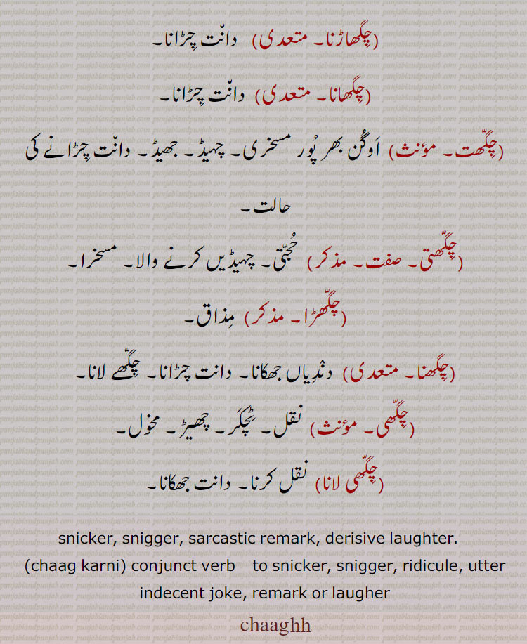 chaaghh ,ਚਾਘ , chaghh karni, ਚਾਘ ਕਰਨੀ,چاگھ ,مخول, مسخری, مذاق, چگھڽ دا کم, مشکری,چگھوتی, کھچ, چگھنے کا عمل, نقل, منہ چڑانے کا فعل,چاگھ کرنی, تضحیک کرنے، نازیبا مذاق کرنے، تبصرہ کرنے یا ہنسنے کے لئے,چگھنا, چگھاں لانا,چگھ, چگھنا سے, دندی,چگھوتی,چگھاں لانا, چگھوتیاں لانا,دندیاں جھکانا,چگھ, مسخری,چہیڈ, مذاق, دانت چڑانے کی حالت,چگھا, چگھا,دندیاں جھکانا, دانت چڑانے کی حالت,چگھاں, سوانگیں , نقلیں, دانت چڑانے کی حالت,چگھاڑنا, دانت چڑانا,چگھانا,دانت چڑانا,چگھت, اوگن بھر پور مسخری, چہیڈ, جھیڈ, دانت چڑانے کی حالت,چگھتی, حجتی, چہیڈیں کرنے والا, مسخرا,چگھڑا, مذاق,چگھنا, دندیاں جھکانا, دانت چڑانا, چگھے لانا,چگھی, نقل, ٹچکر, چھیڑ, مخول,چگھی لانا, نقل کرنا, دانت جھکانا,snicker, snigger, sarcastic remark, derisive laughter. ,chaag karni, conjunct verb    to snicker, snigger, ridicule, utter indecent joke, remark or laugher,chaaghh, 
